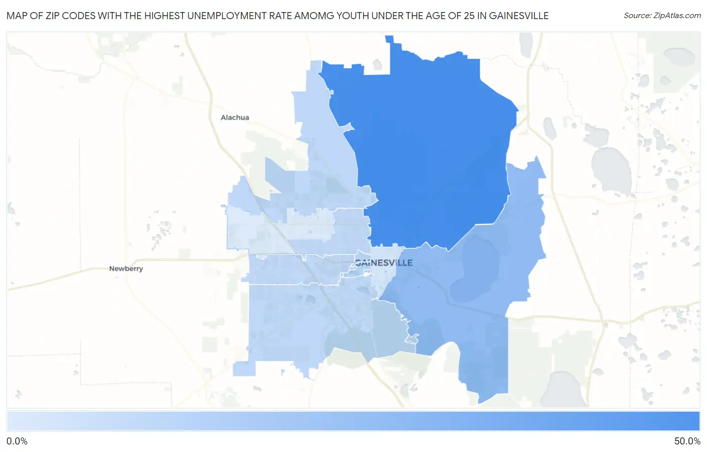 Zip Codes with the Highest Unemployment Rate Amomg Youth Under the Age of 25 in Gainesville Map