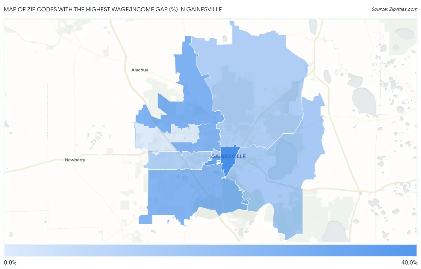 Zip Codes with the Highest Wage/Income Gap (%) in Gainesville Map