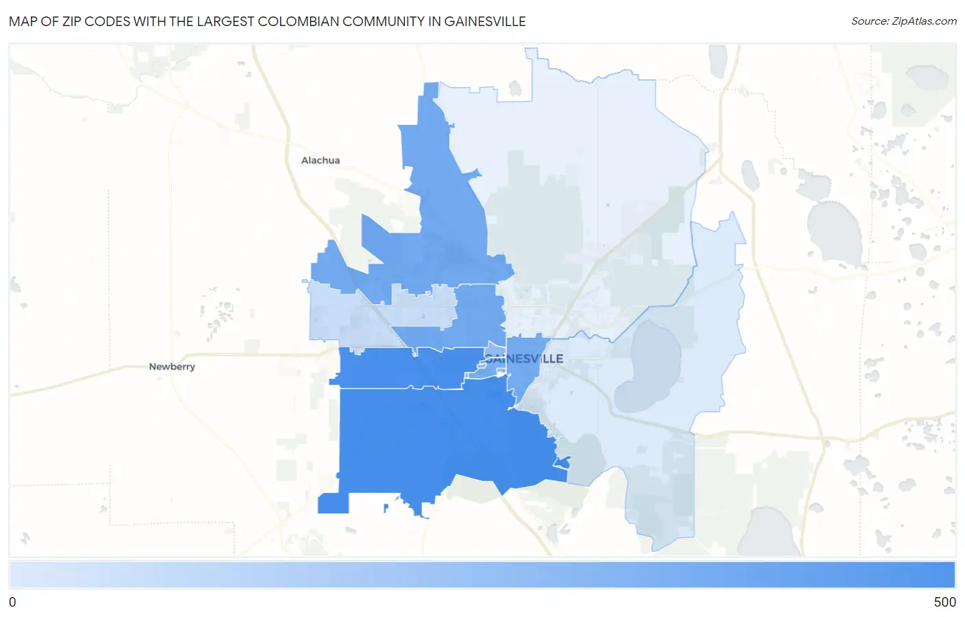 Zip Codes with the Largest Colombian Community in Gainesville Map