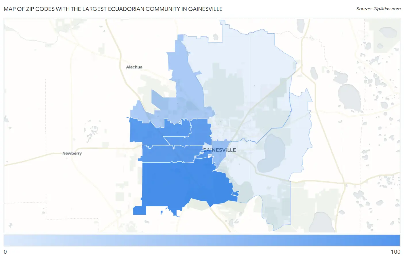 Zip Codes with the Largest Ecuadorian Community in Gainesville Map