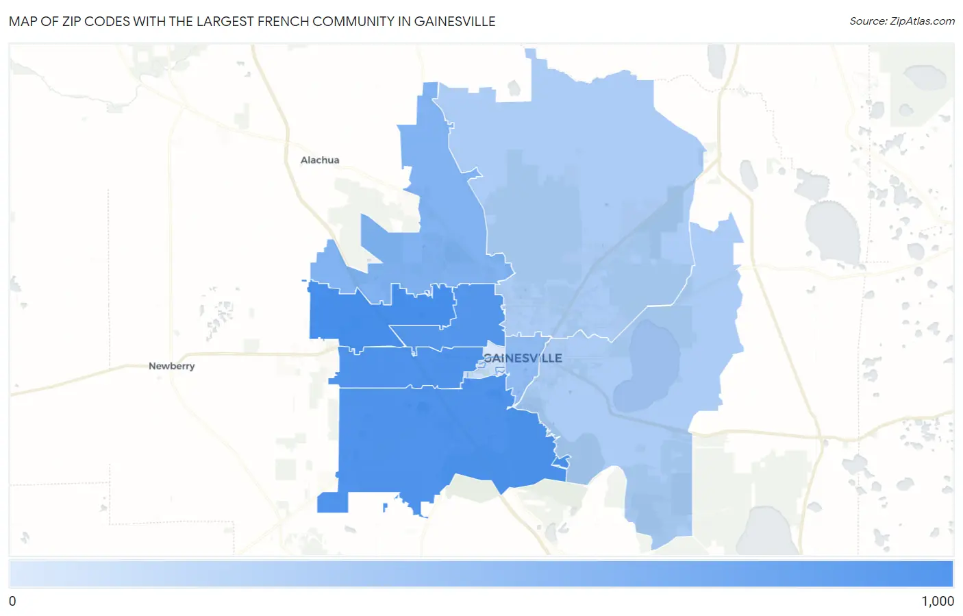 Zip Codes with the Largest French Community in Gainesville Map
