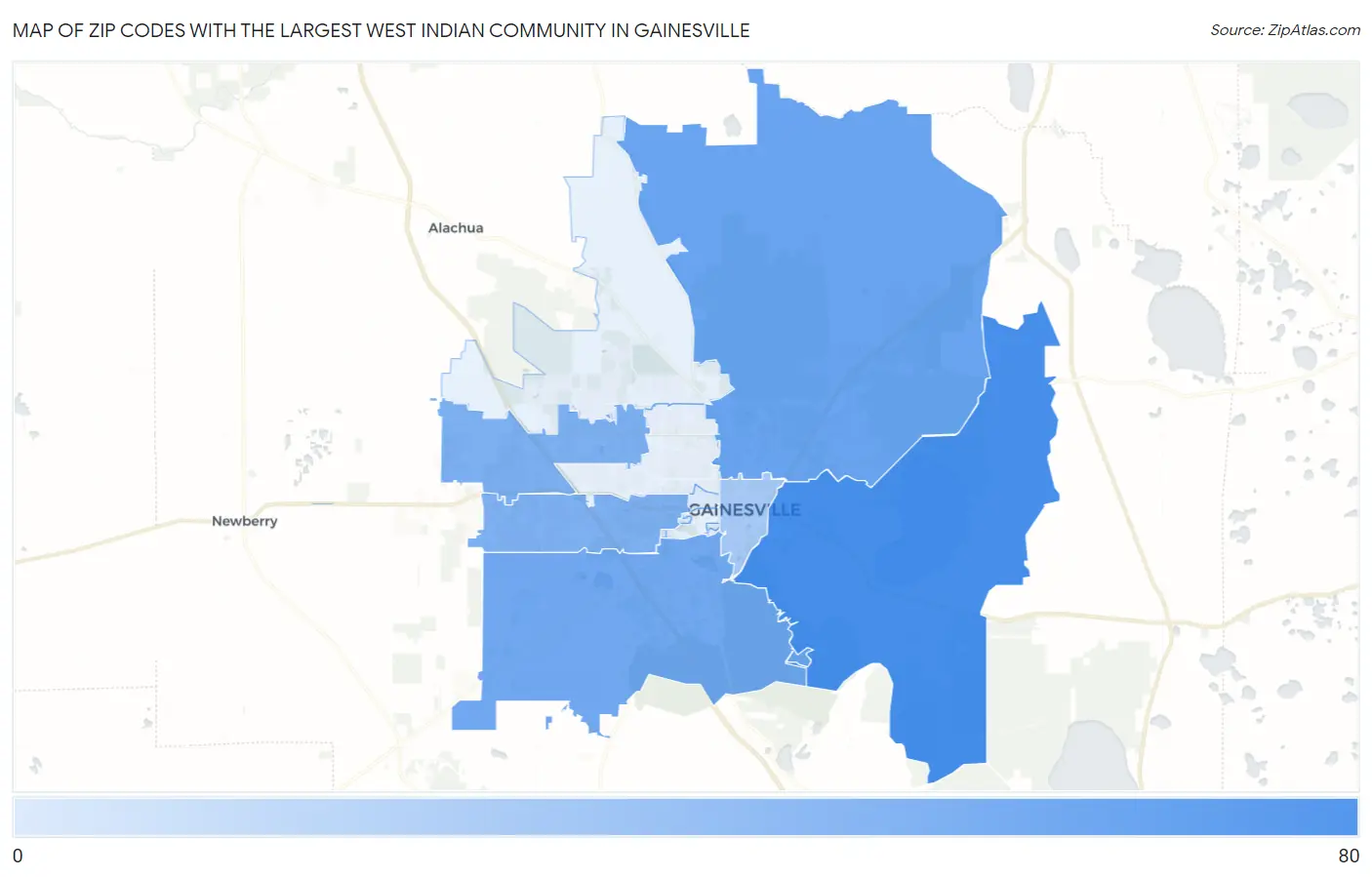 Zip Codes with the Largest West Indian Community in Gainesville Map