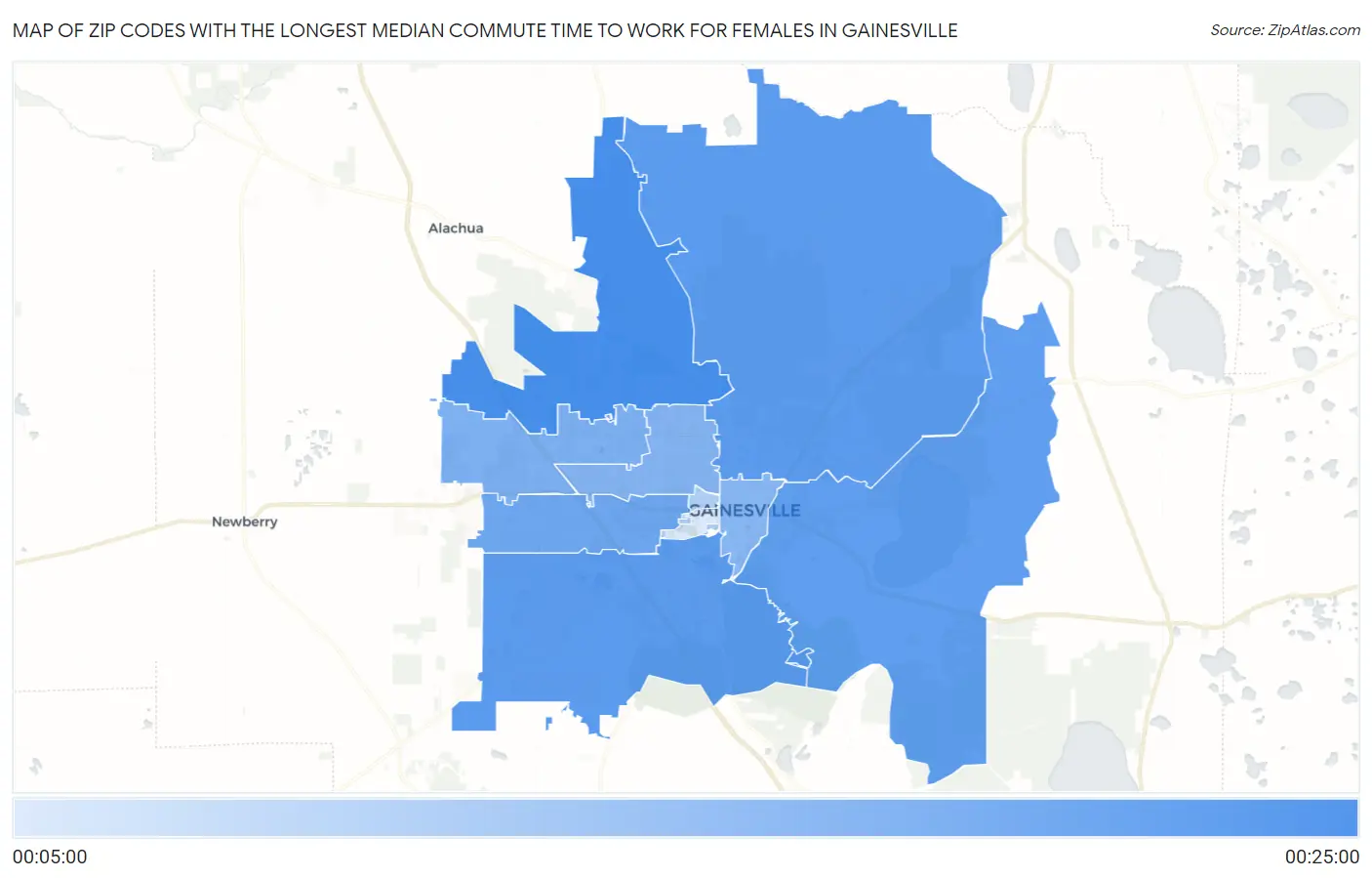 Zip Codes with the Longest Median Commute Time to Work for Females in Gainesville Map