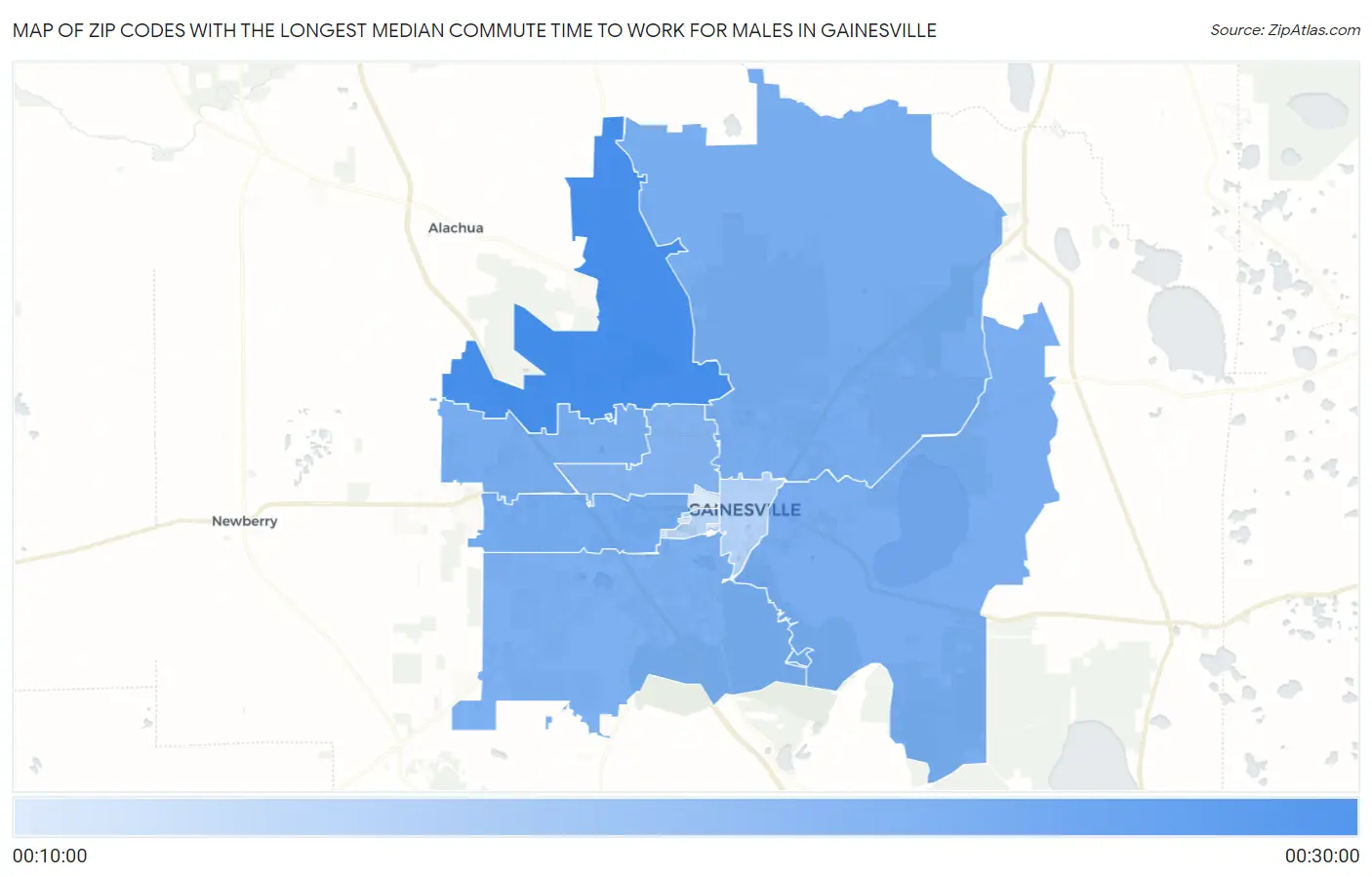 Zip Codes with the Longest Median Commute Time to Work for Males in Gainesville Map