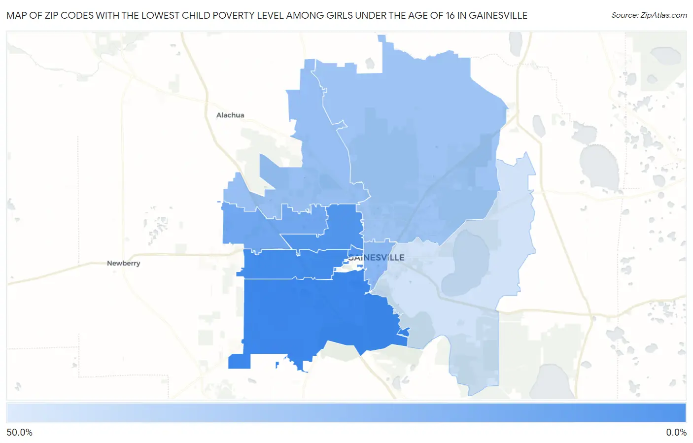 Zip Codes with the Lowest Child Poverty Level Among Girls Under the Age of 16 in Gainesville Map
