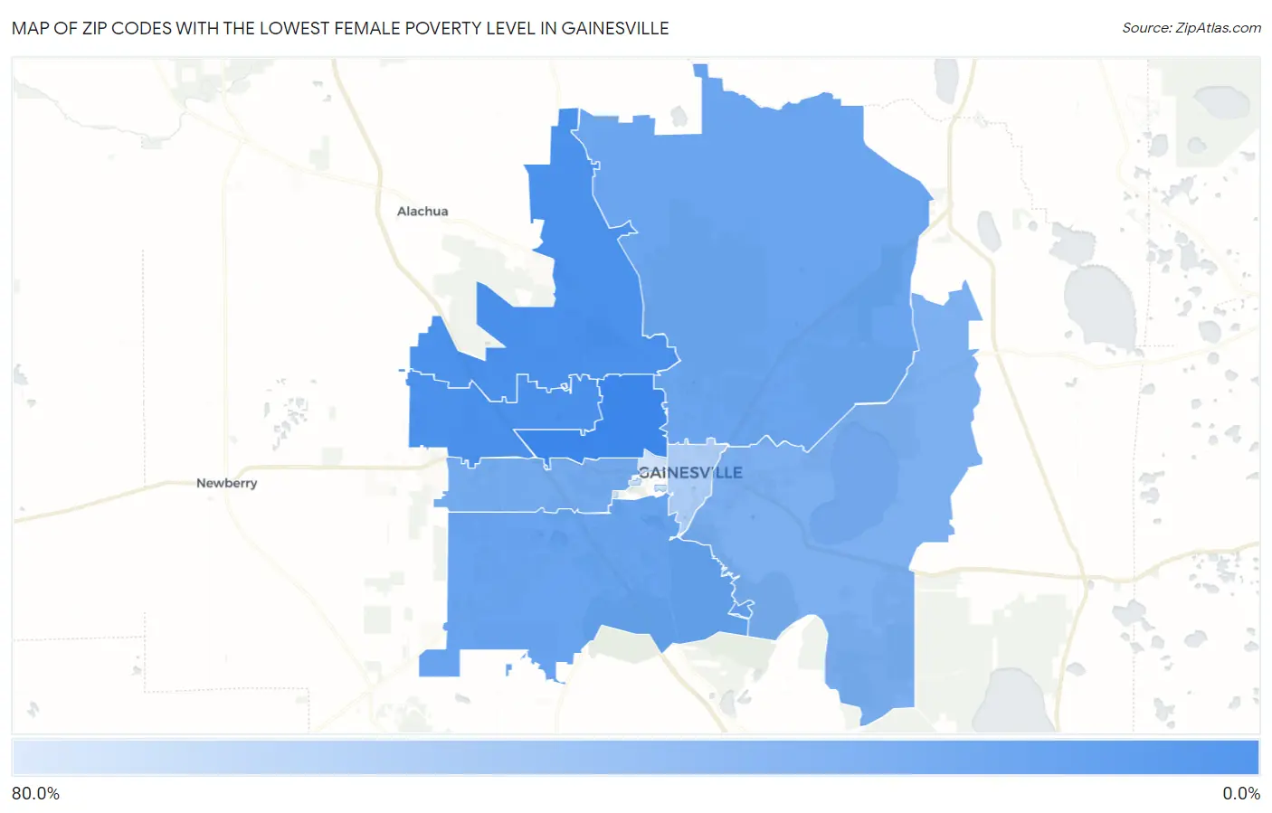 Zip Codes with the Lowest Female Poverty Level in Gainesville Map