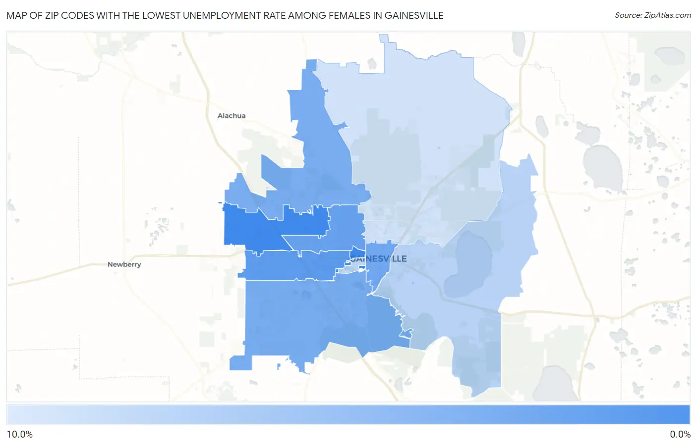 Zip Codes with the Lowest Unemployment Rate Among Females in Gainesville Map