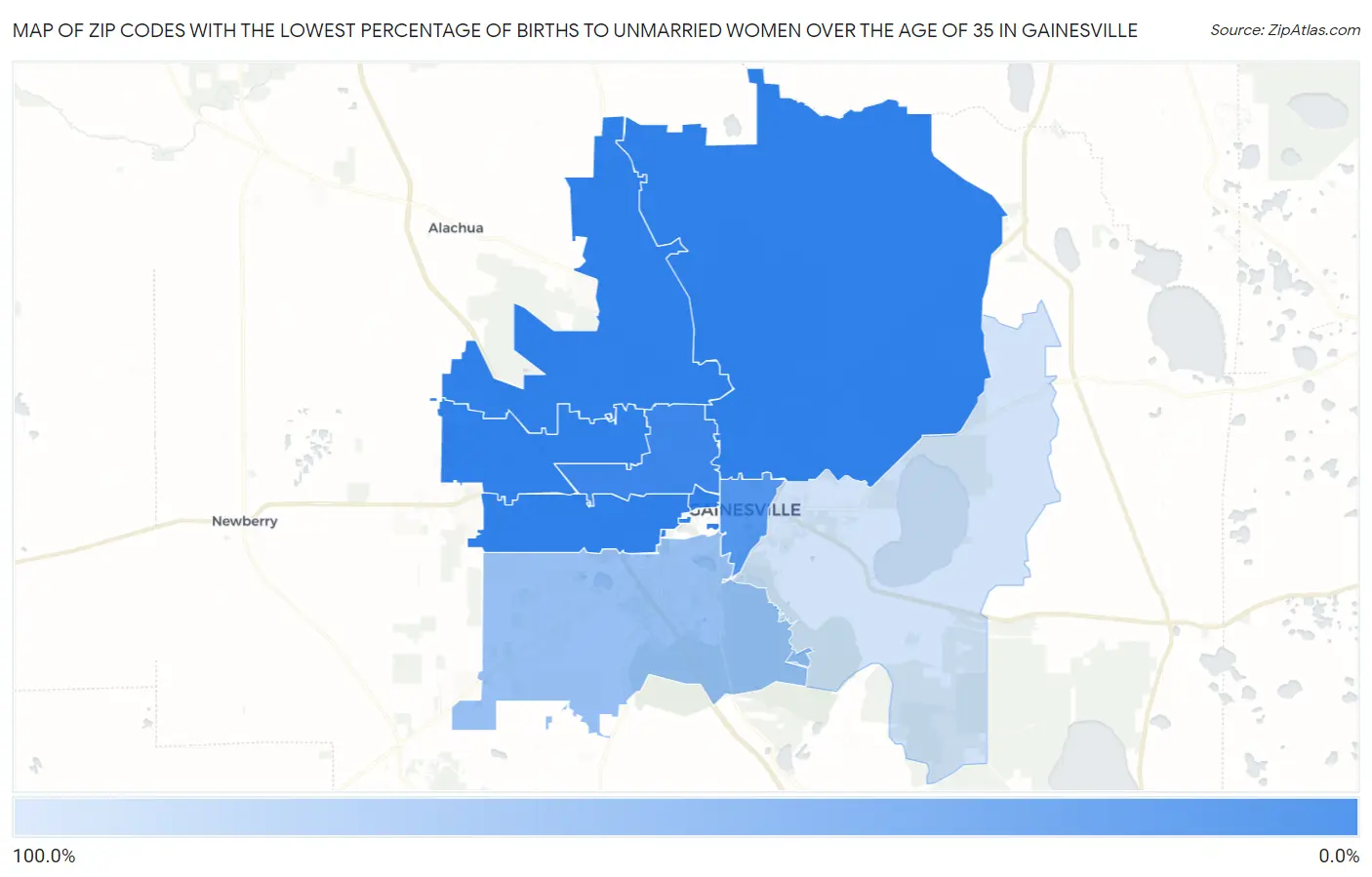 Zip Codes with the Lowest Percentage of Births to Unmarried Women over the Age of 35 in Gainesville Map