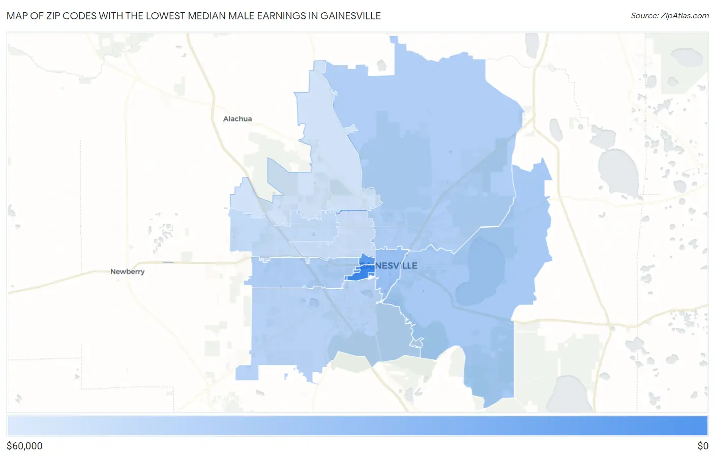 Zip Codes with the Lowest Median Male Earnings in Gainesville Map