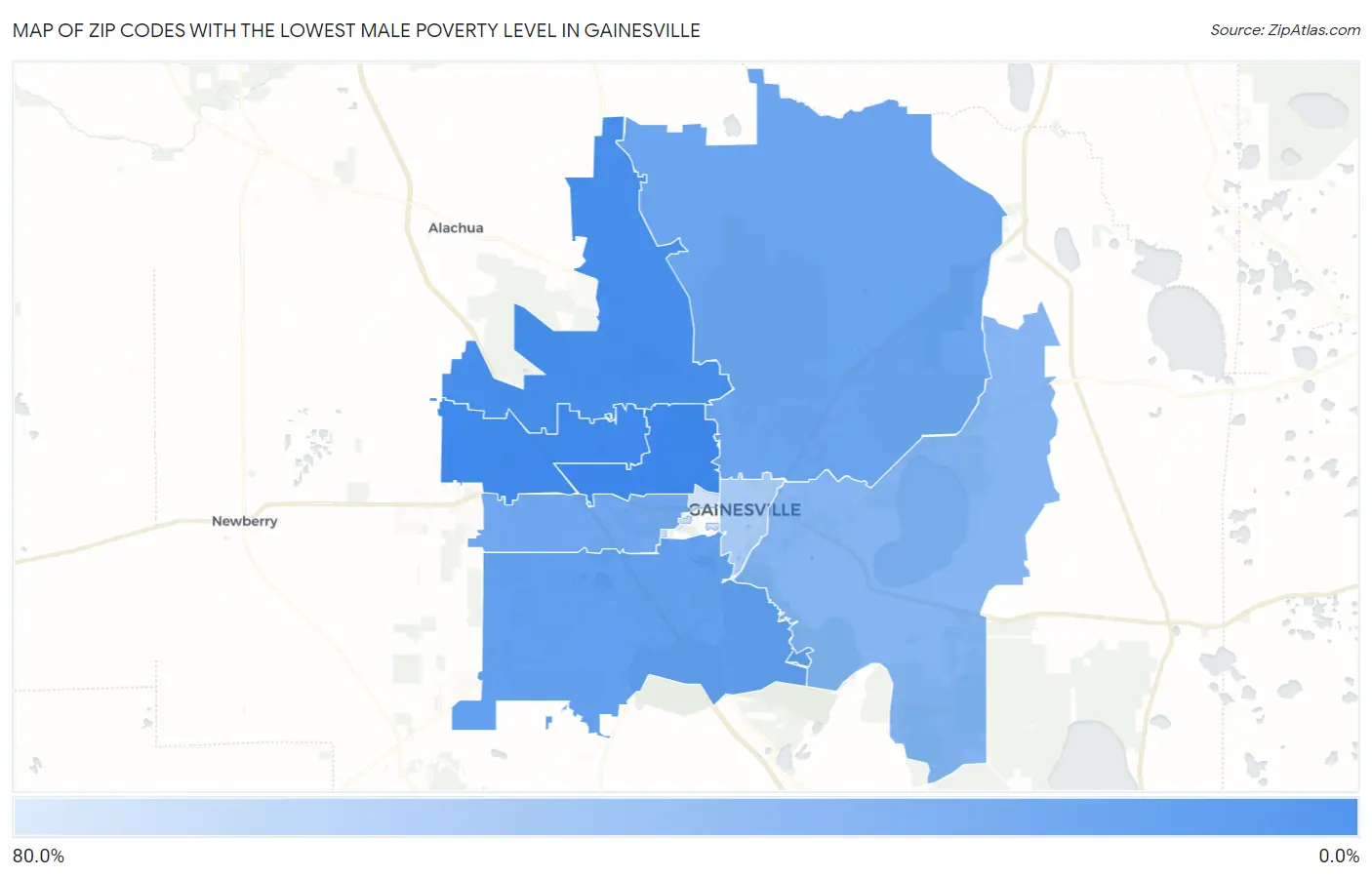 Zip Codes with the Lowest Male Poverty Level in Gainesville Map