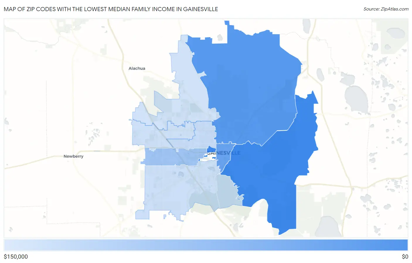 Zip Codes with the Lowest Median Family Income in Gainesville Map