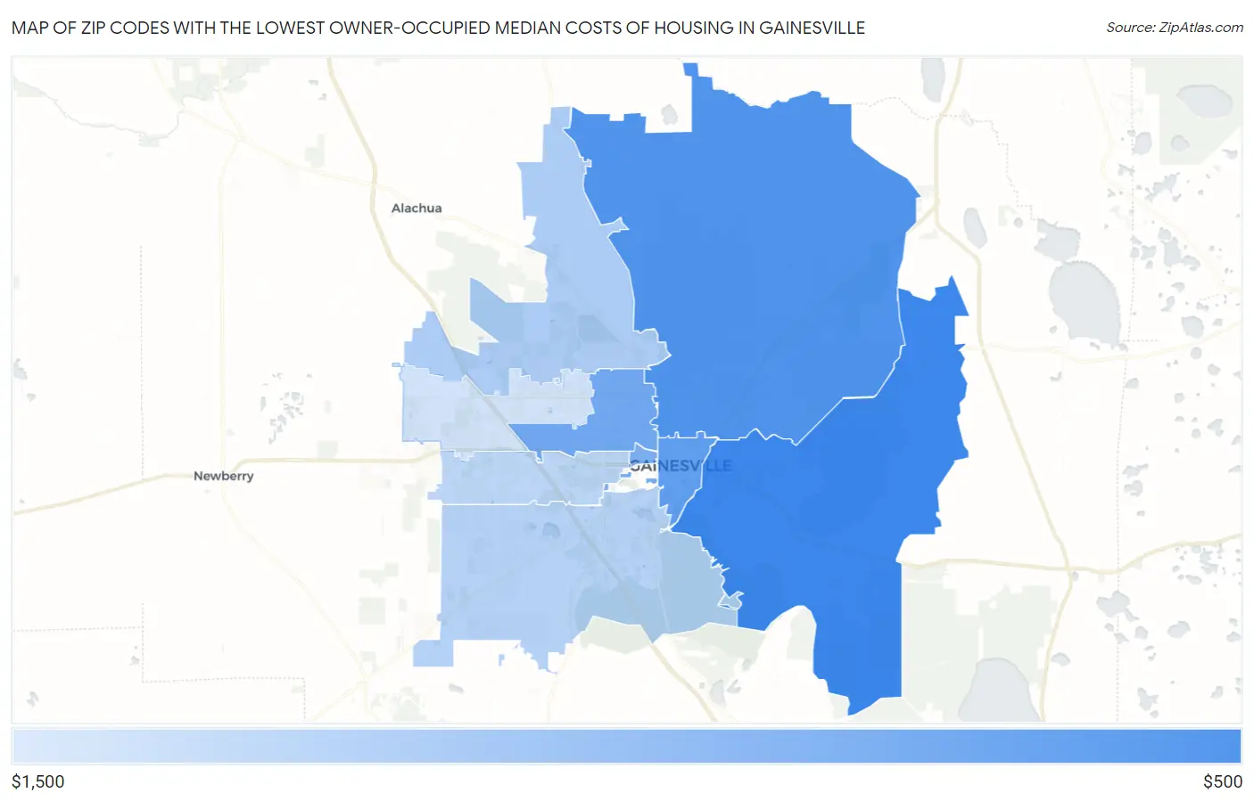 Zip Codes with the Lowest Owner-Occupied Median Costs of Housing in Gainesville Map