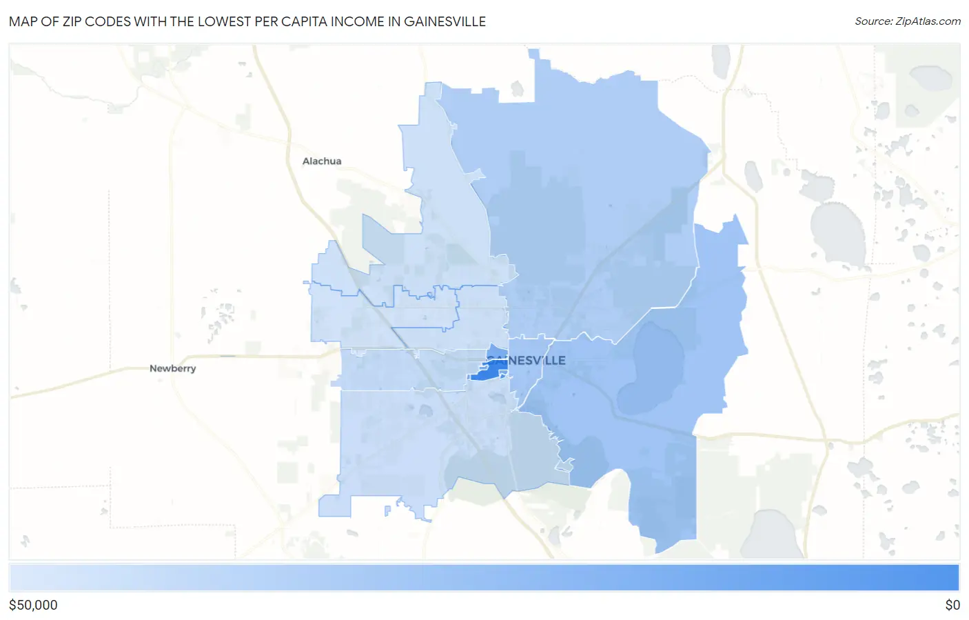 Zip Codes with the Lowest Per Capita Income in Gainesville Map