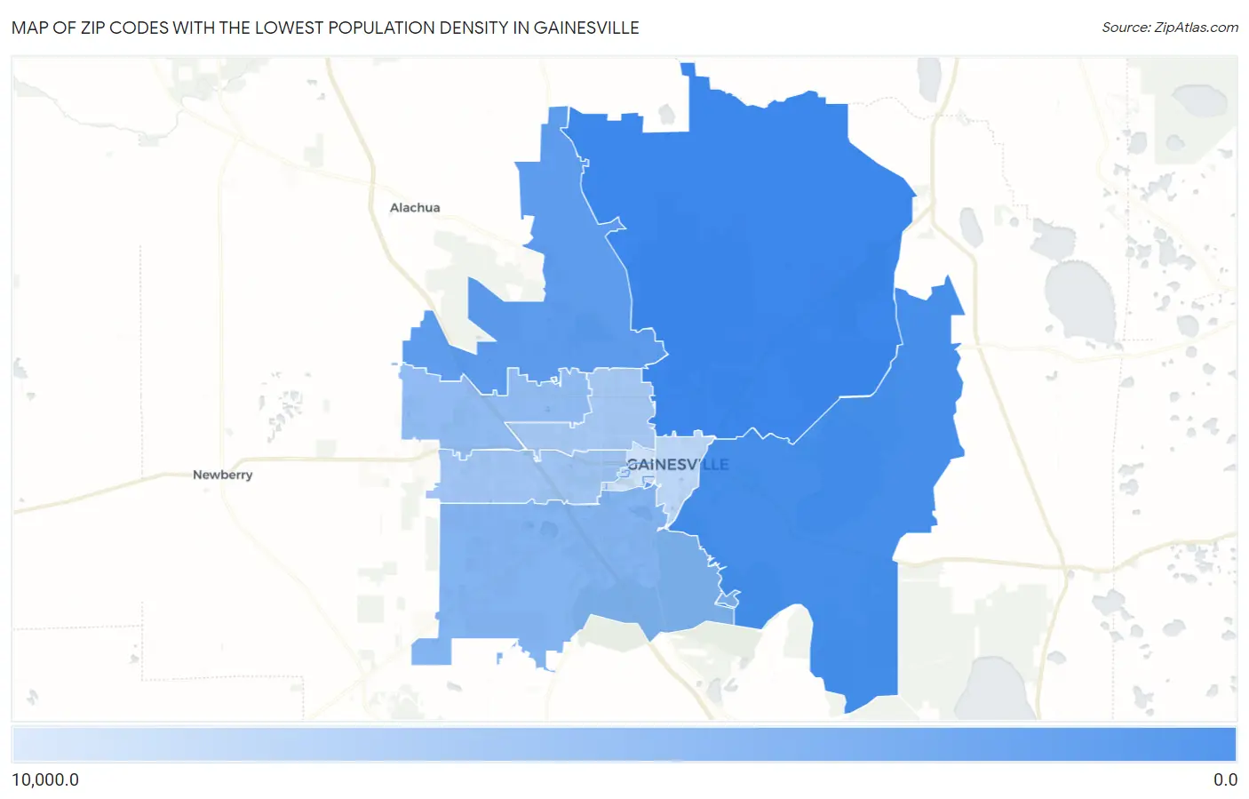 Zip Codes with the Lowest Population Density in Gainesville Map