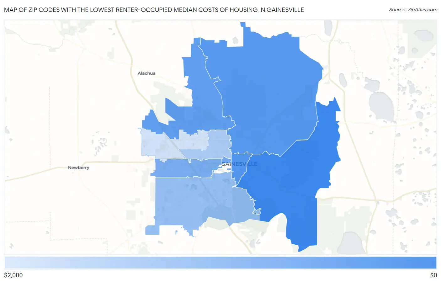 Zip Codes with the Lowest Renter-Occupied Median Costs of Housing in Gainesville Map