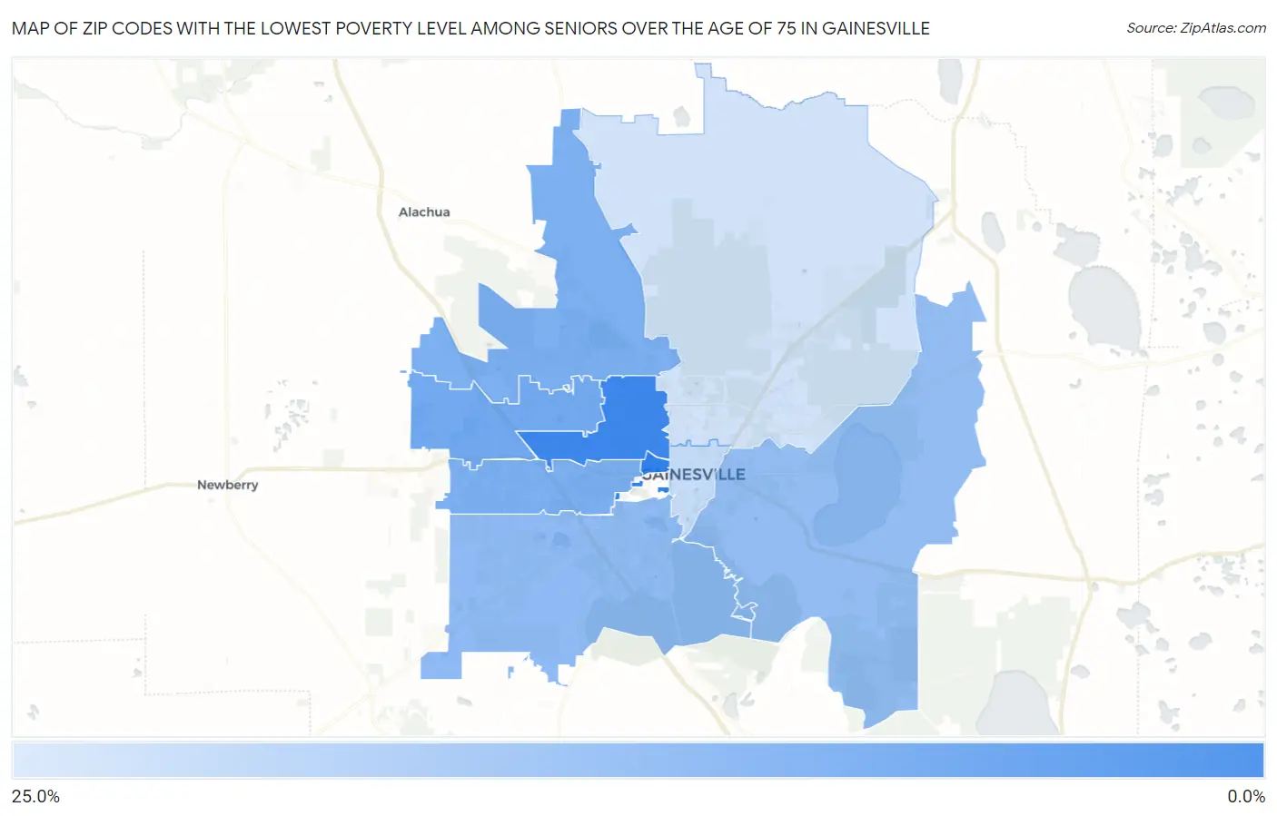 Zip Codes with the Lowest Poverty Level Among Seniors Over the Age of 75 in Gainesville Map