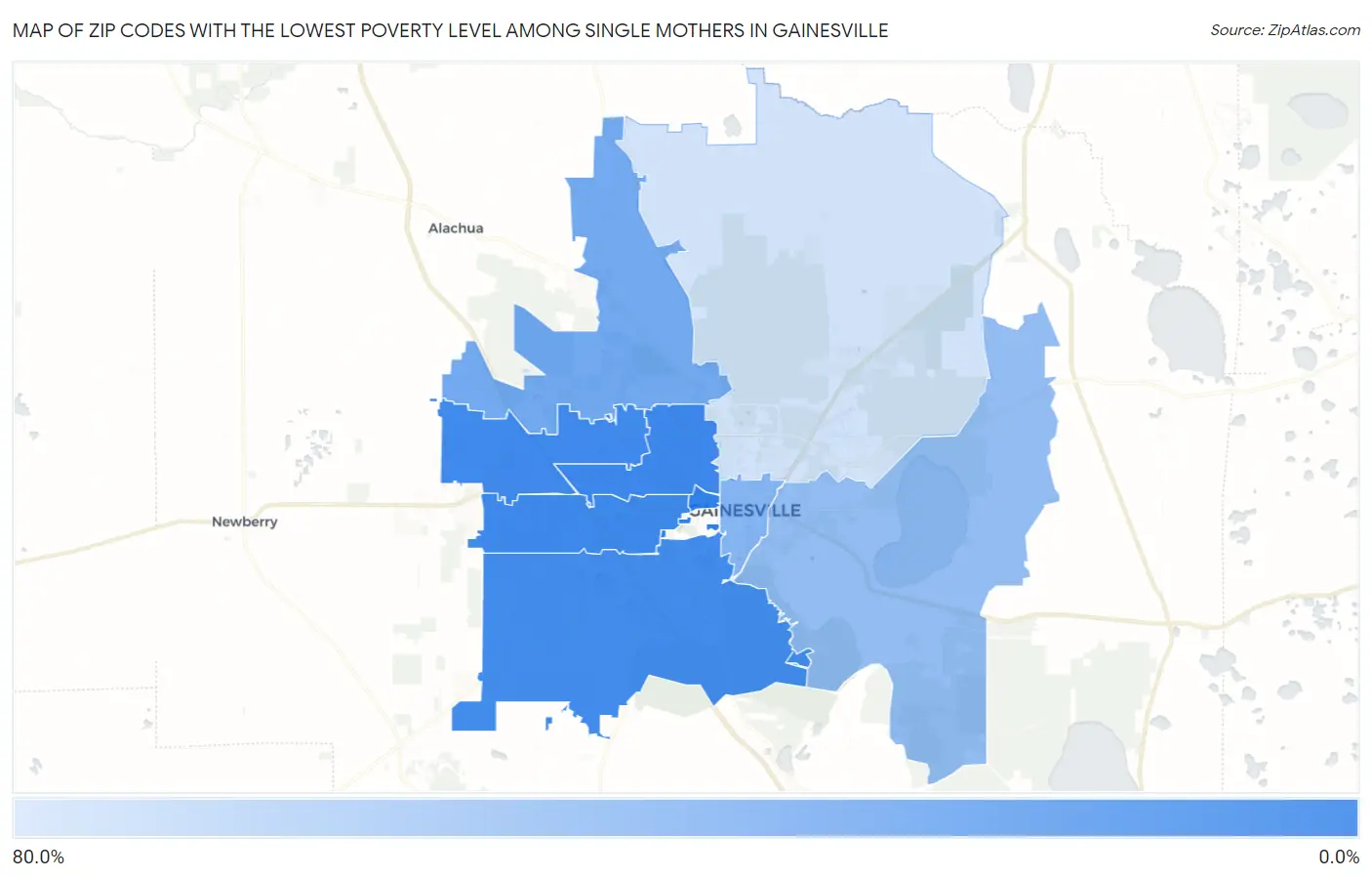 Zip Codes with the Lowest Poverty Level Among Single Mothers in Gainesville Map
