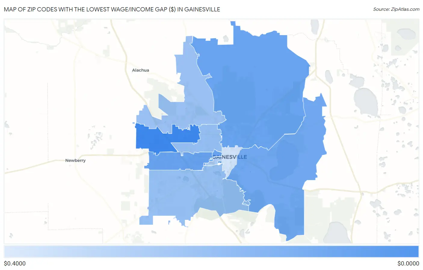 Zip Codes with the Lowest Wage/Income Gap ($) in Gainesville Map