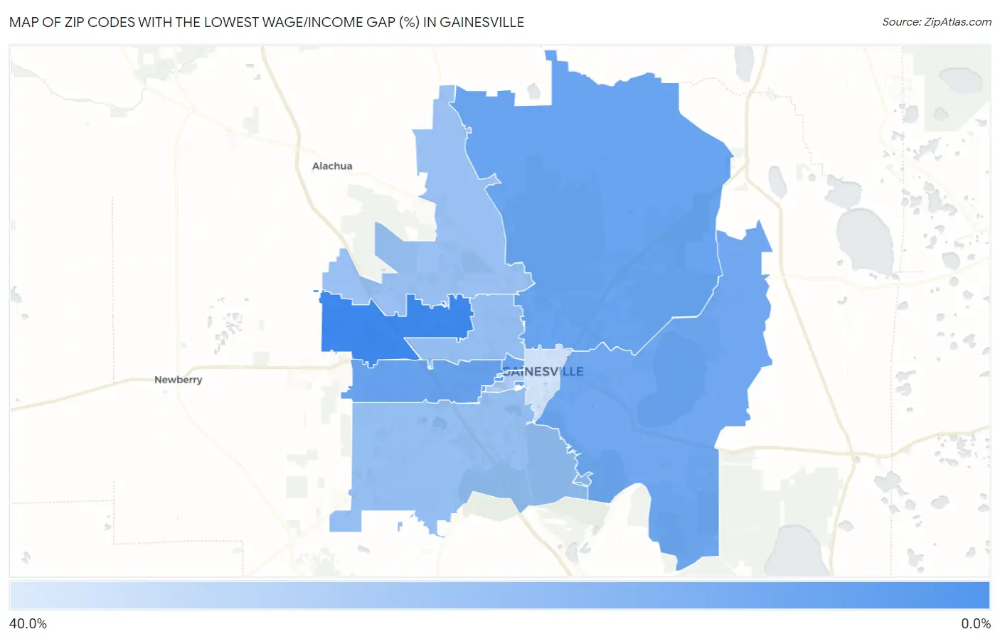 Zip Codes with the Lowest Wage/Income Gap (%) in Gainesville Map