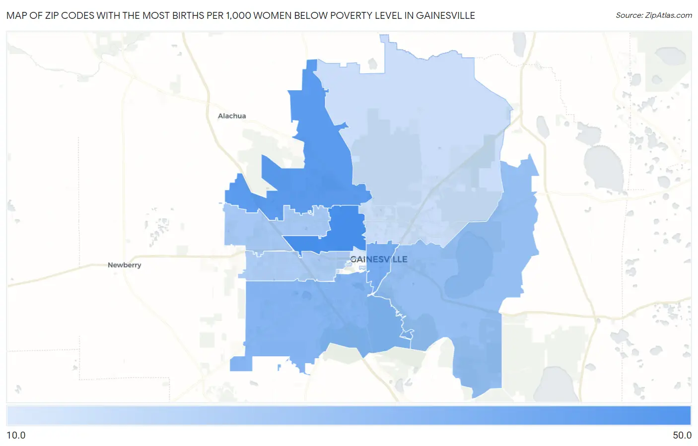 Zip Codes with the Most Births per 1,000 Women Below Poverty Level in Gainesville Map