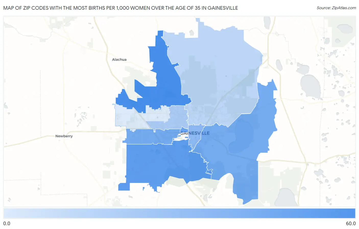 Zip Codes with the Most Births per 1,000 Women Over the Age of 35 in Gainesville Map