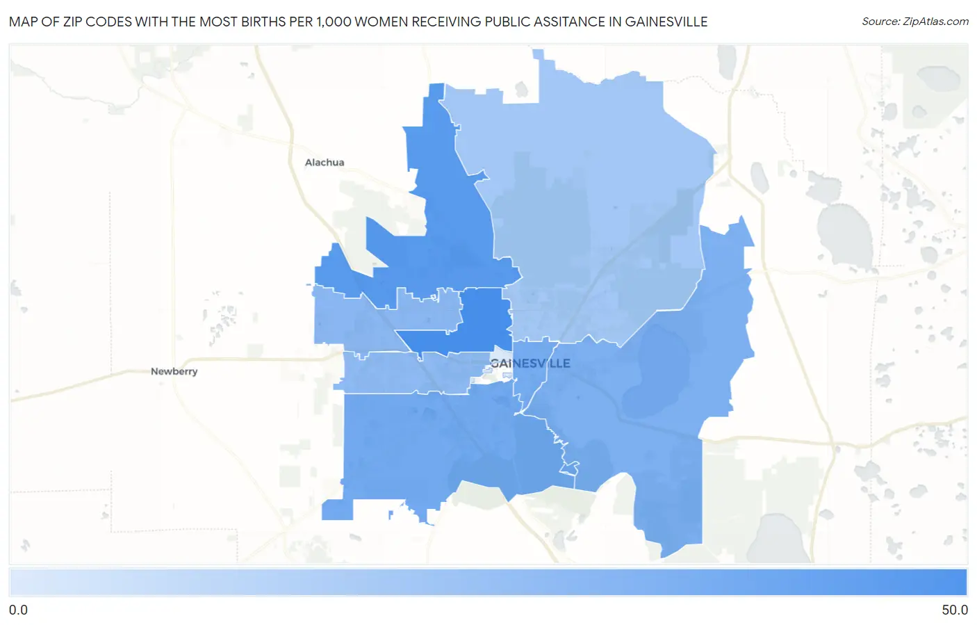 Zip Codes with the Most Births per 1,000 Women Receiving Public Assitance in Gainesville Map