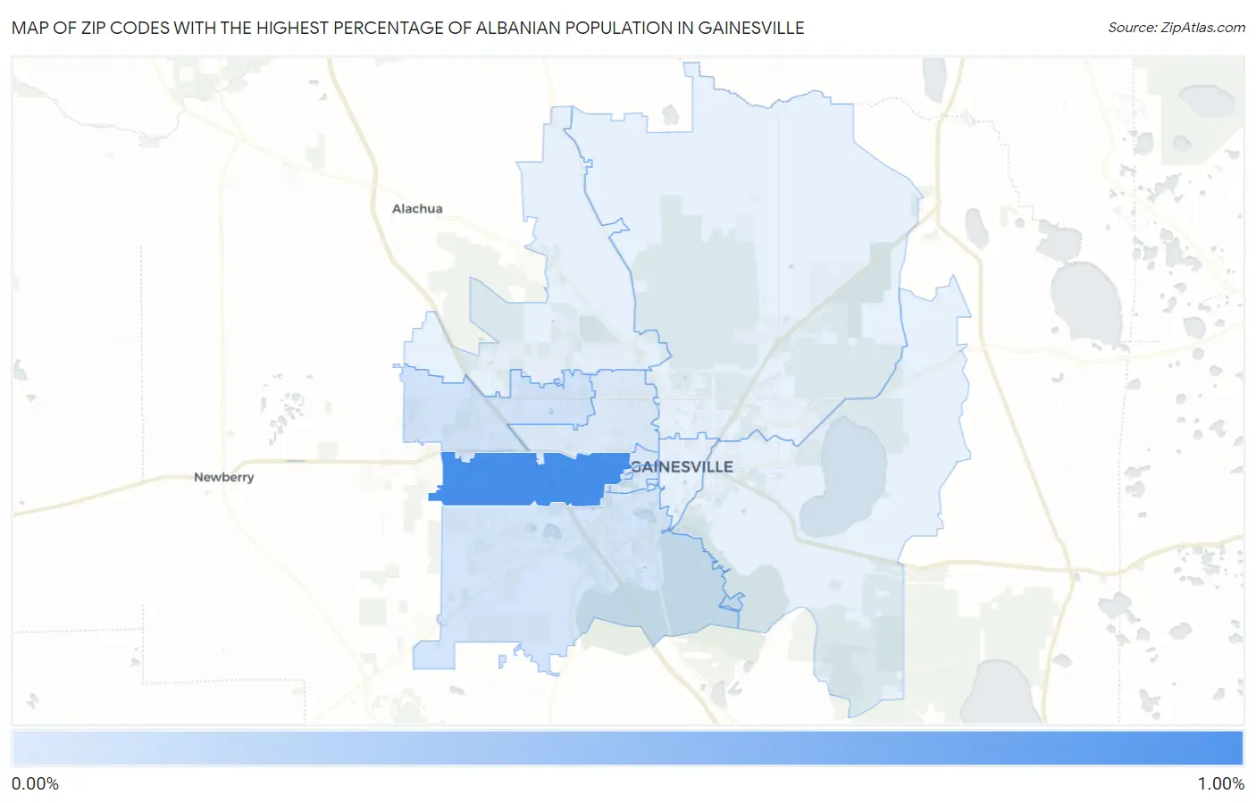 Zip Codes with the Highest Percentage of Albanian Population in Gainesville Map