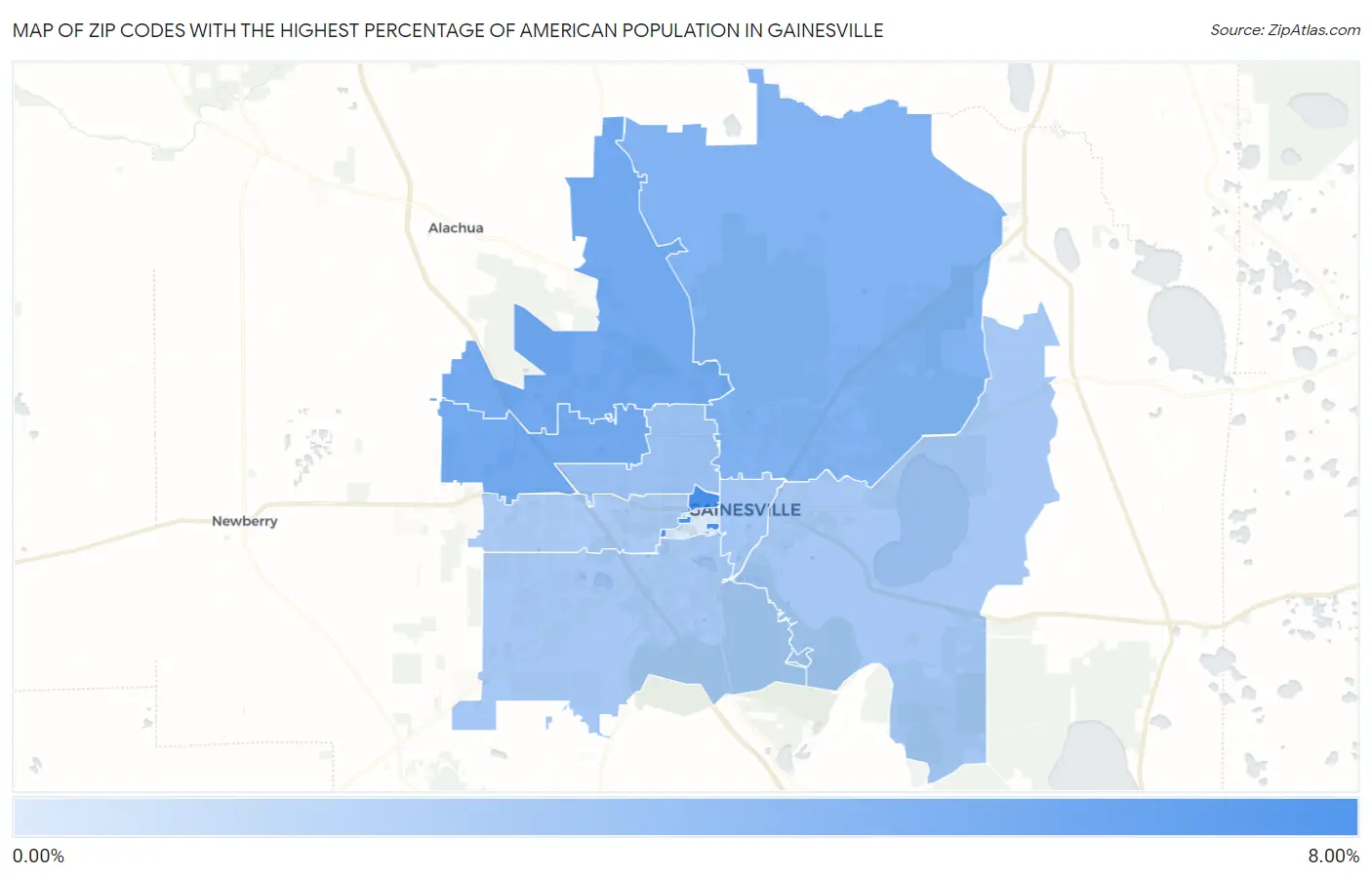 Zip Codes with the Highest Percentage of American Population in Gainesville Map