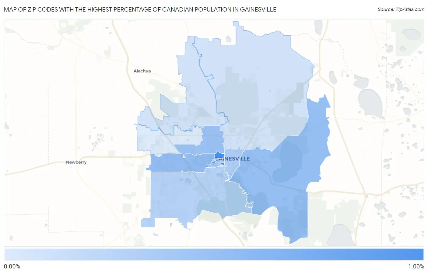 Zip Codes with the Highest Percentage of Canadian Population in Gainesville Map
