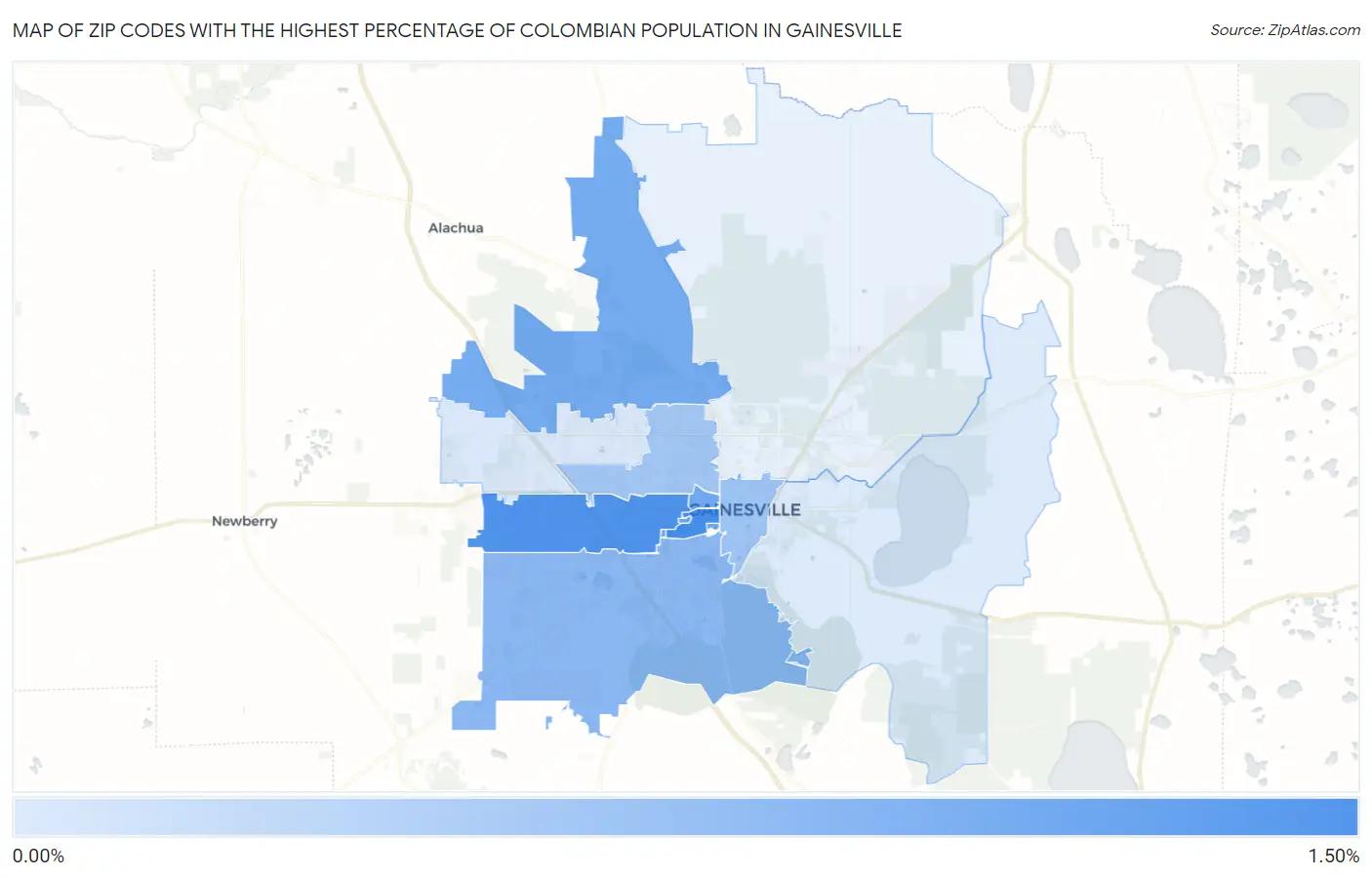 Zip Codes with the Highest Percentage of Colombian Population in Gainesville Map