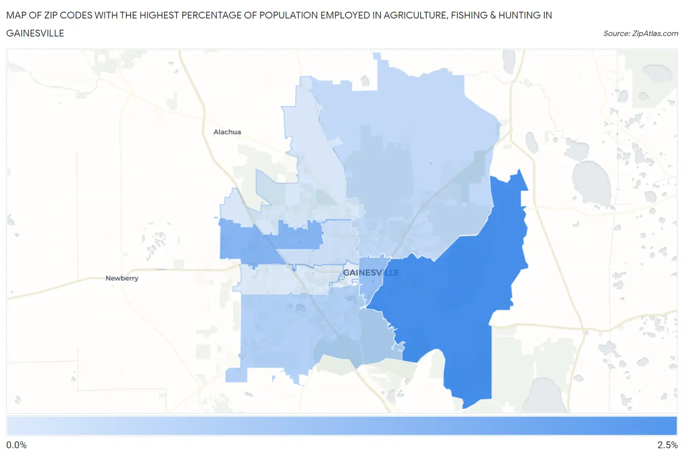 Zip Codes with the Highest Percentage of Population Employed in Agriculture, Fishing & Hunting in Gainesville Map