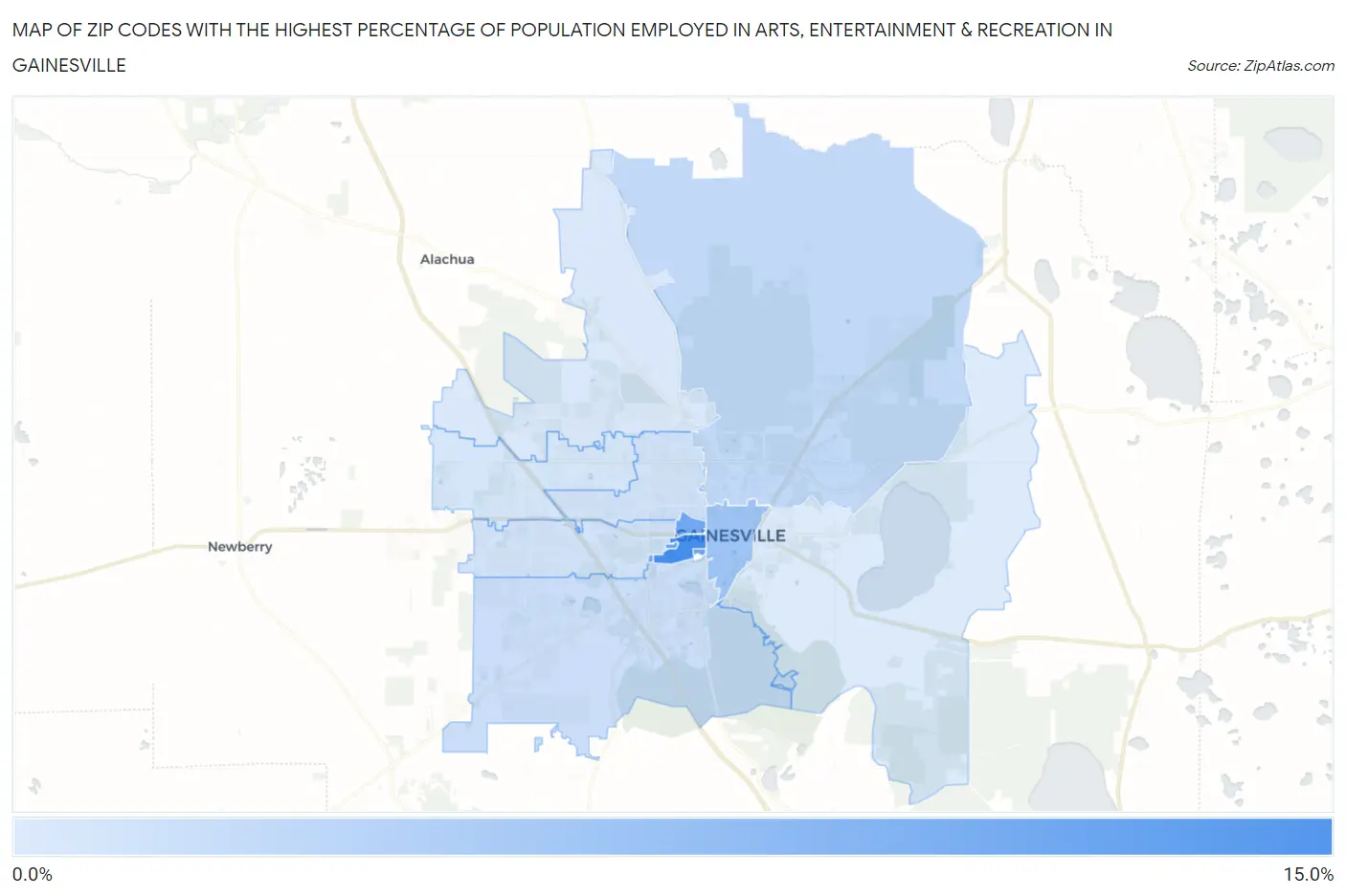 Zip Codes with the Highest Percentage of Population Employed in Arts, Entertainment & Recreation in Gainesville Map
