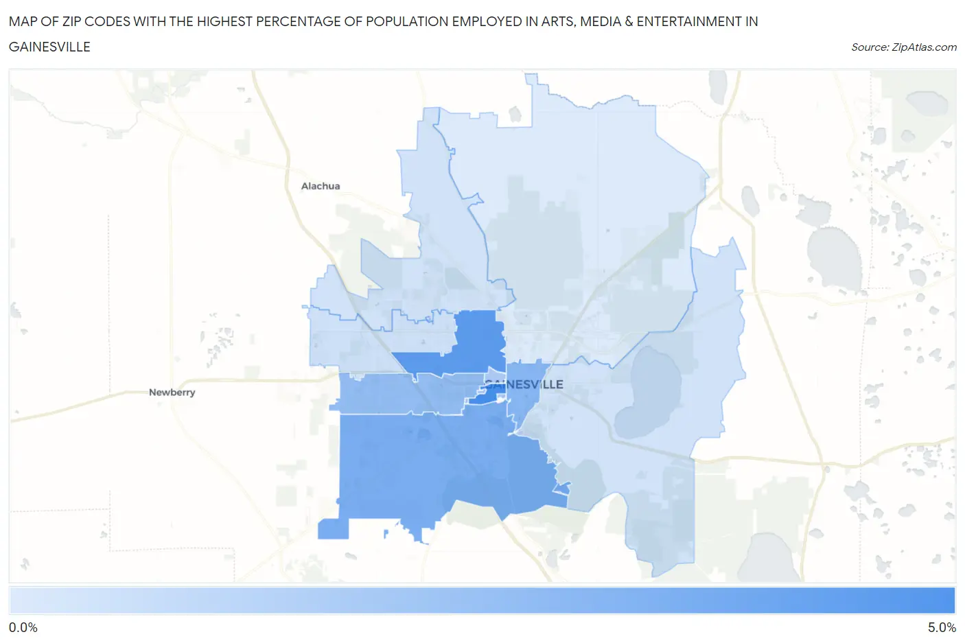 Zip Codes with the Highest Percentage of Population Employed in Arts, Media & Entertainment in Gainesville Map