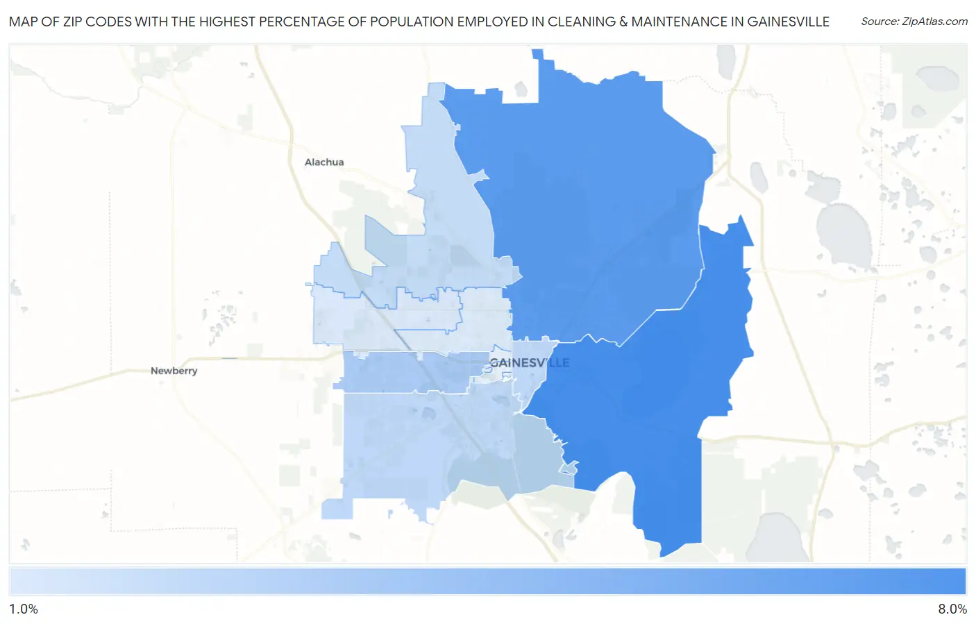 Zip Codes with the Highest Percentage of Population Employed in Cleaning & Maintenance in Gainesville Map