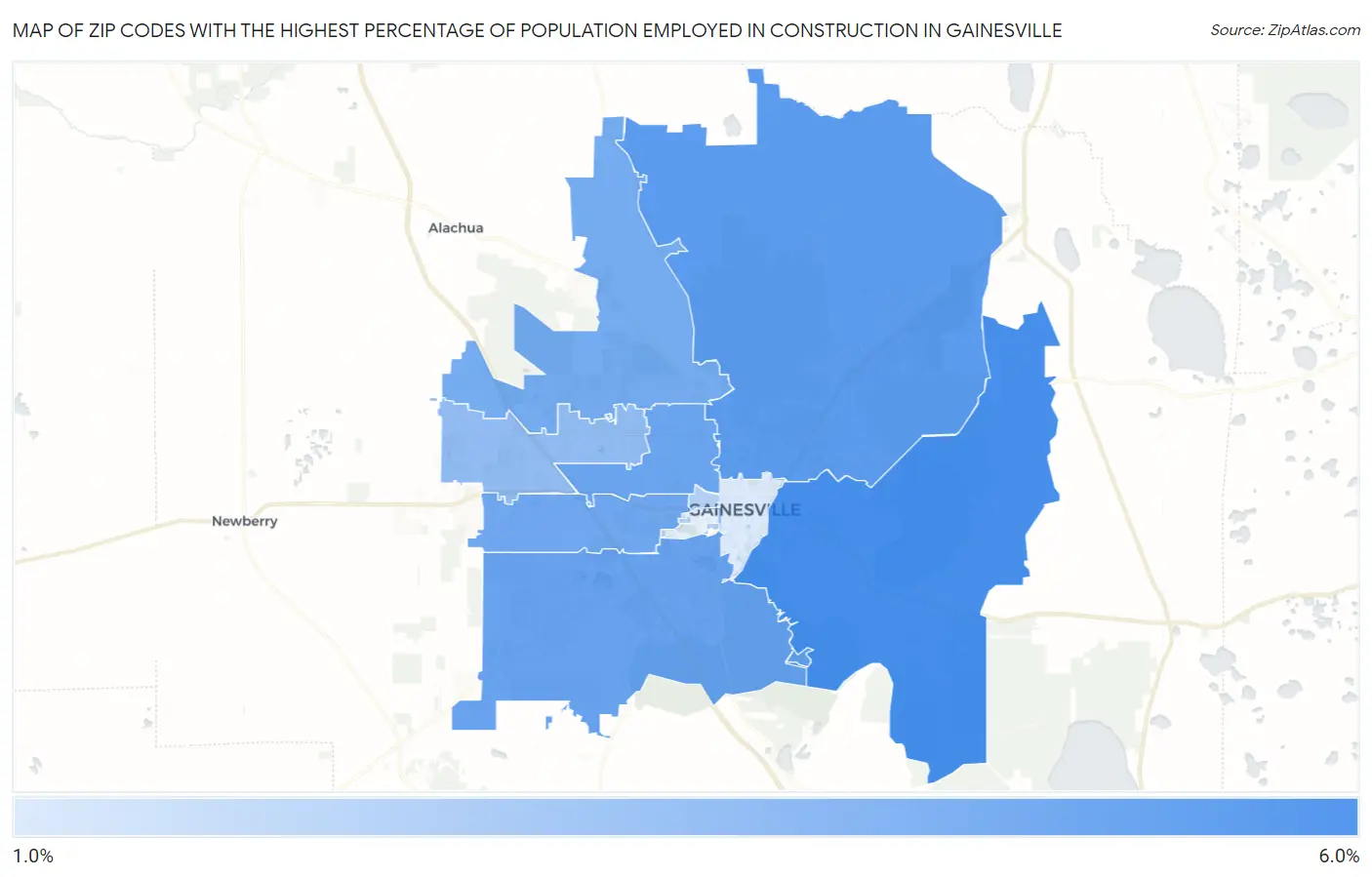Zip Codes with the Highest Percentage of Population Employed in Construction in Gainesville Map