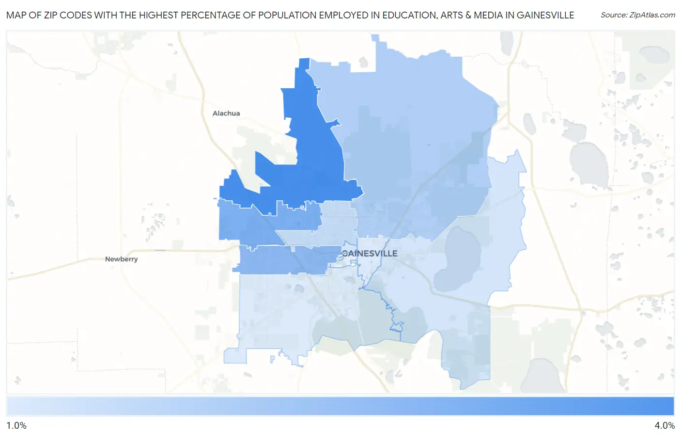 Zip Codes with the Highest Percentage of Population Employed in Education, Arts & Media in Gainesville Map