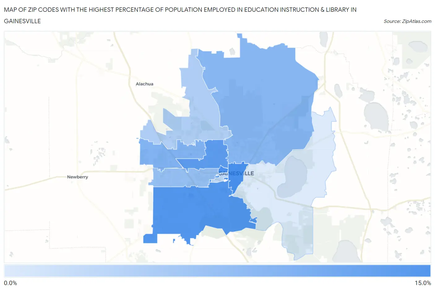 Zip Codes with the Highest Percentage of Population Employed in Education Instruction & Library in Gainesville Map