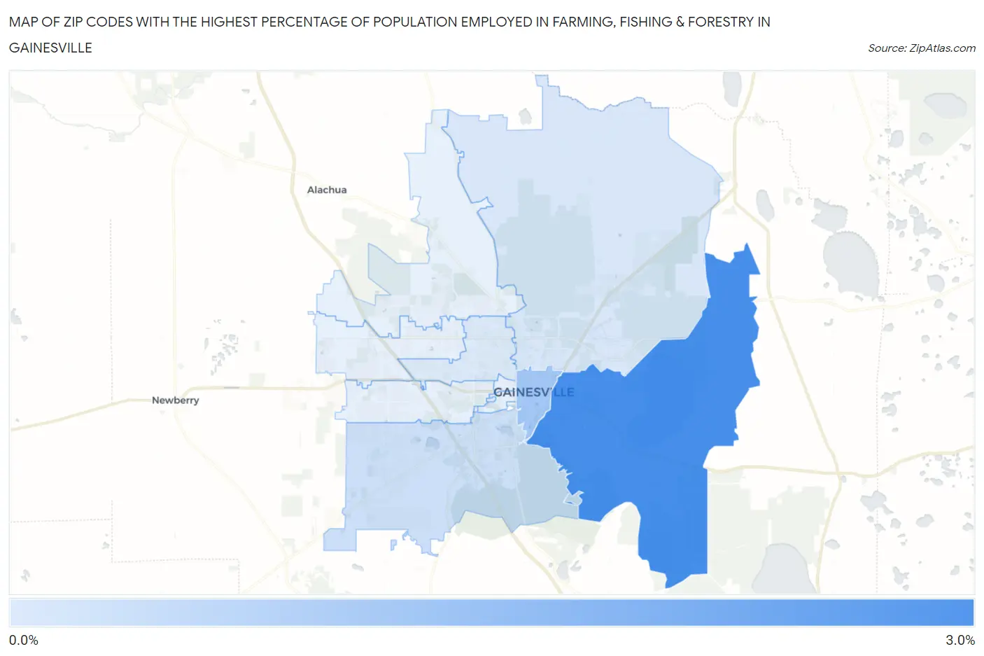 Zip Codes with the Highest Percentage of Population Employed in Farming, Fishing & Forestry in Gainesville Map