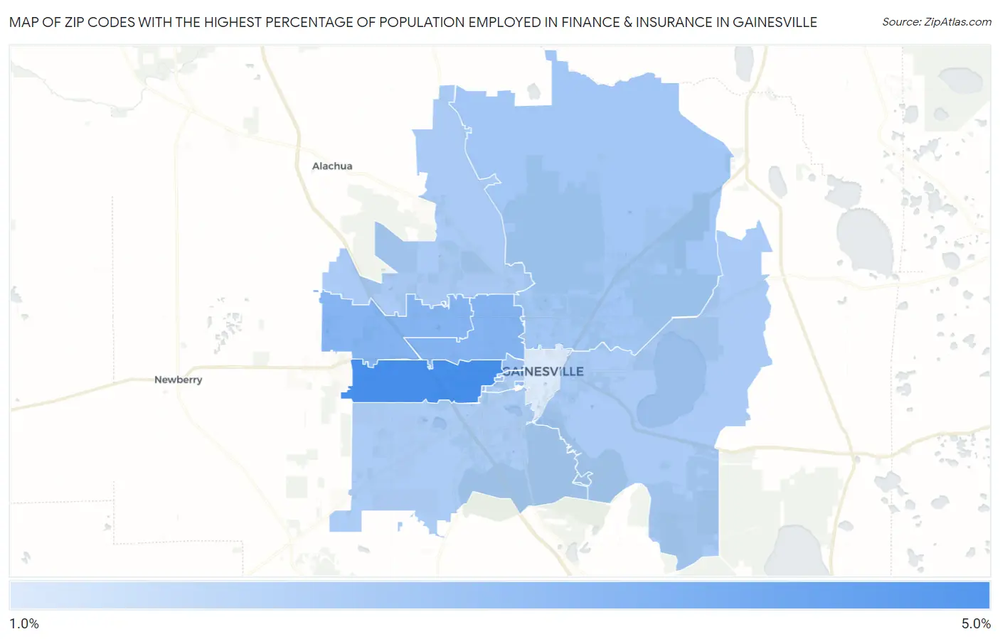 Zip Codes with the Highest Percentage of Population Employed in Finance & Insurance in Gainesville Map