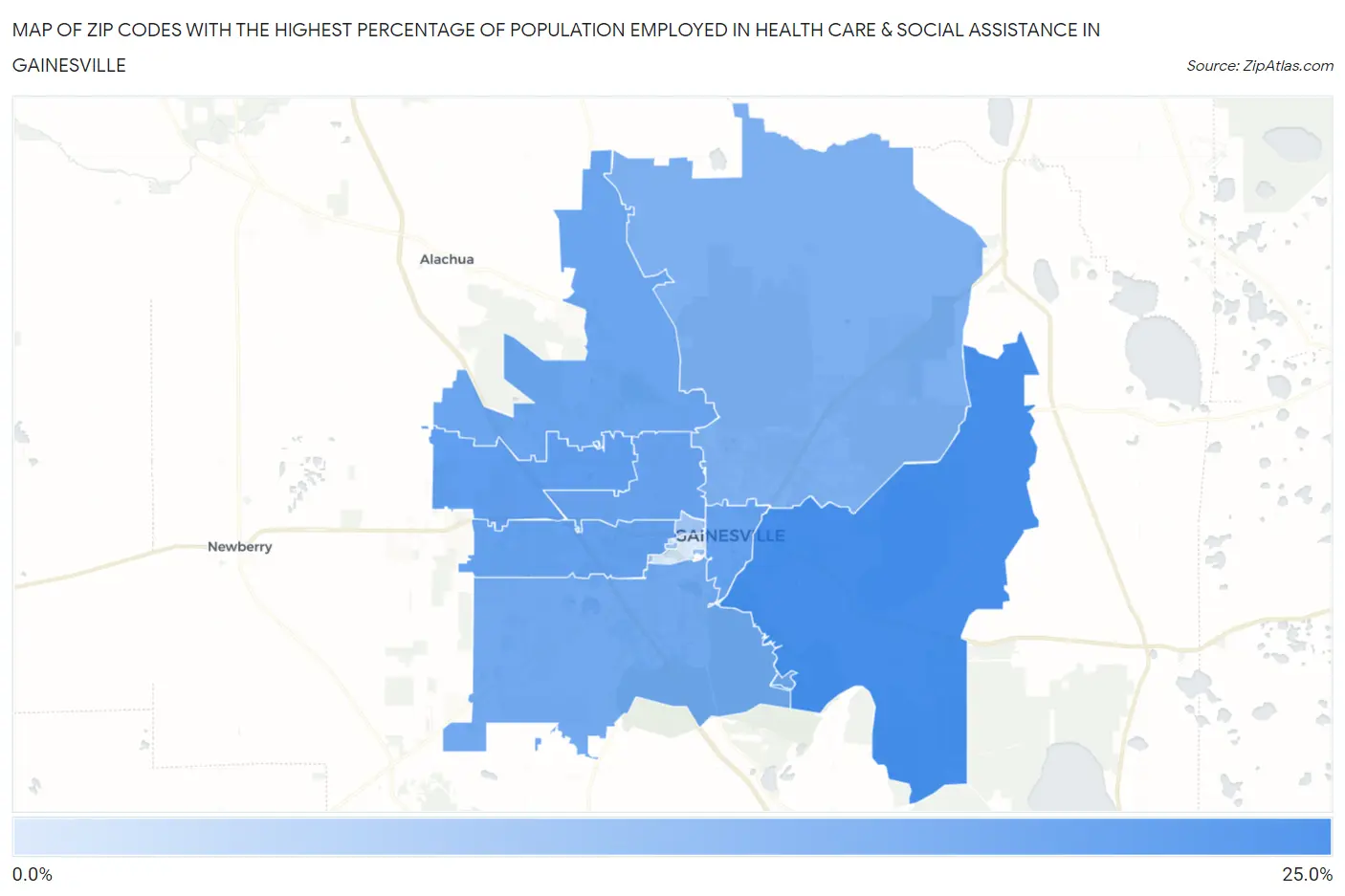 Zip Codes with the Highest Percentage of Population Employed in Health Care & Social Assistance in Gainesville Map