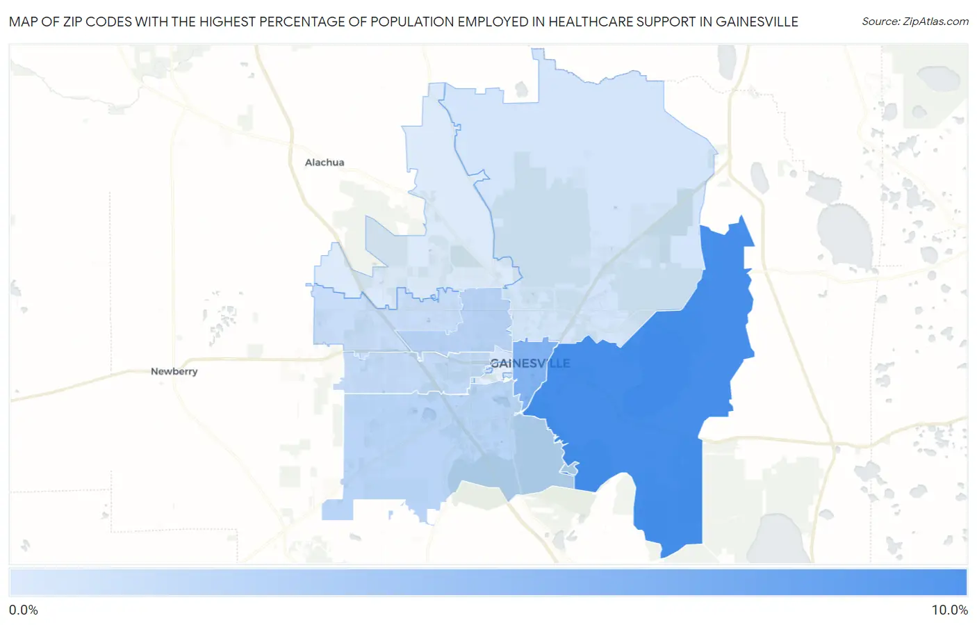 Zip Codes with the Highest Percentage of Population Employed in Healthcare Support in Gainesville Map