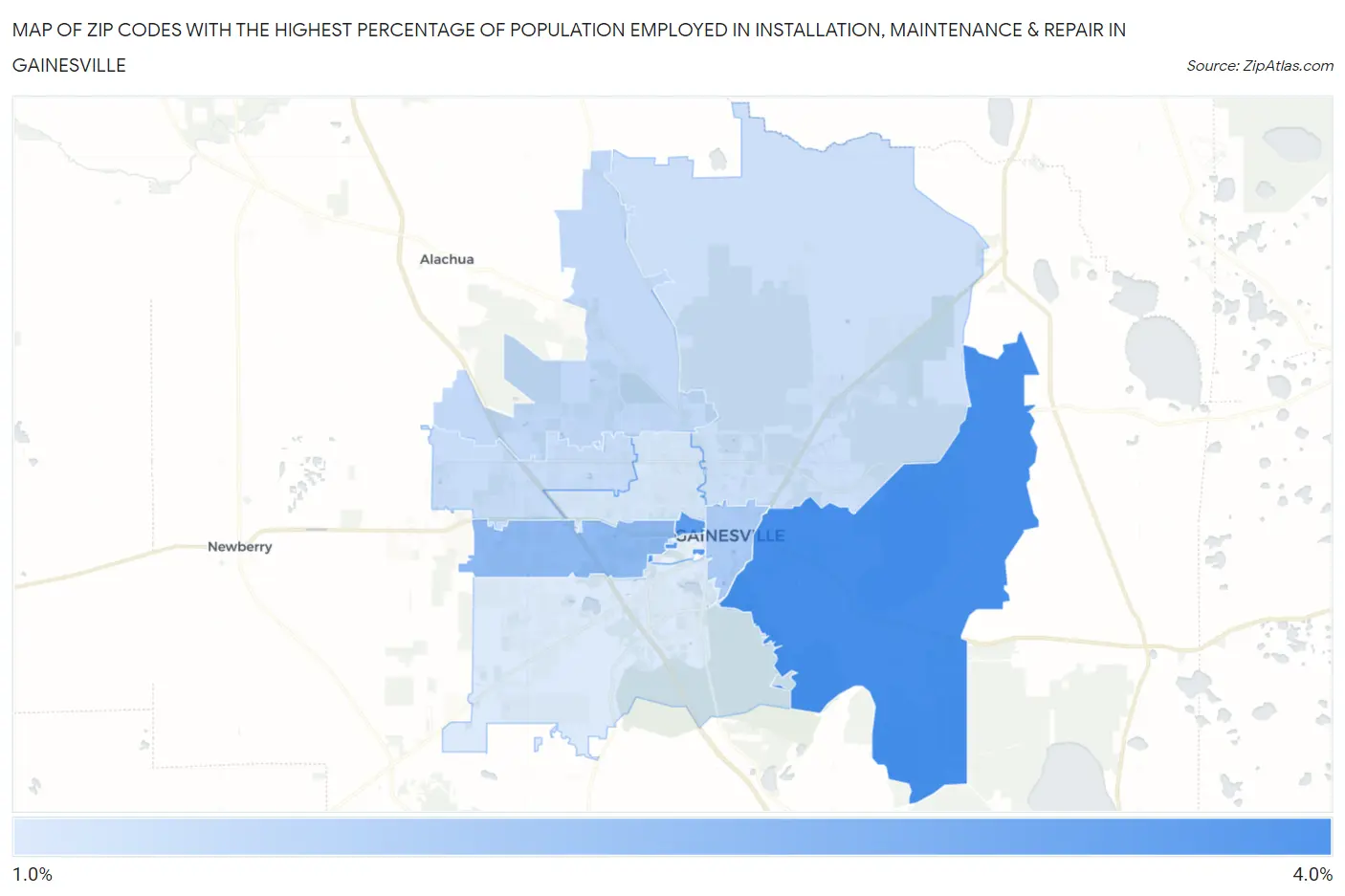 Zip Codes with the Highest Percentage of Population Employed in Installation, Maintenance & Repair in Gainesville Map