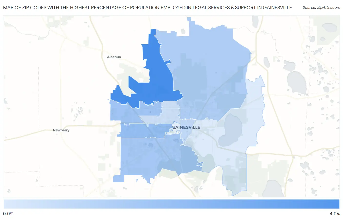 Zip Codes with the Highest Percentage of Population Employed in Legal Services & Support in Gainesville Map