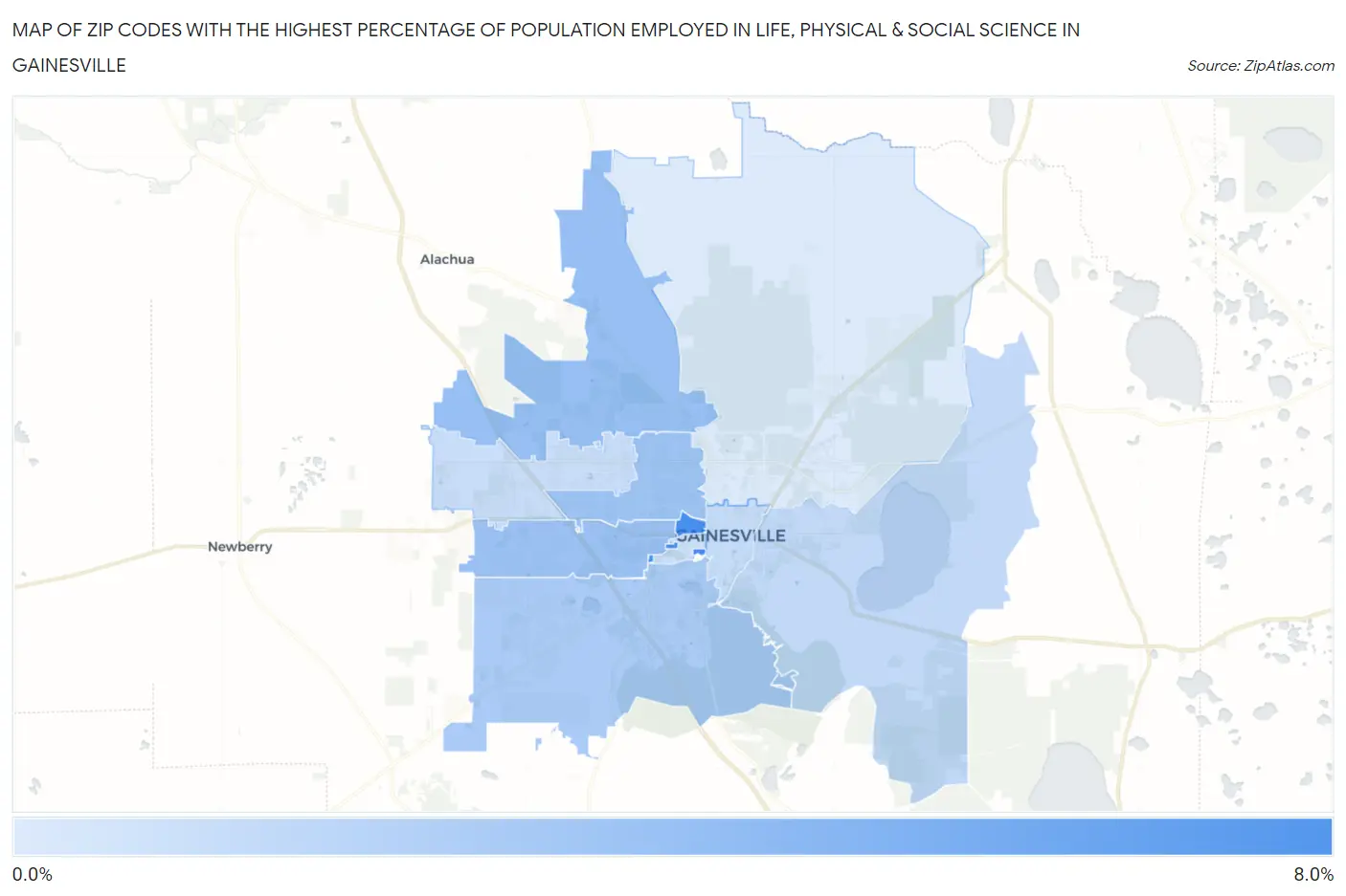 Zip Codes with the Highest Percentage of Population Employed in Life, Physical & Social Science in Gainesville Map