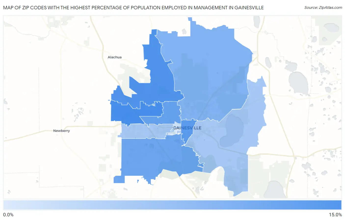 Zip Codes with the Highest Percentage of Population Employed in Management in Gainesville Map