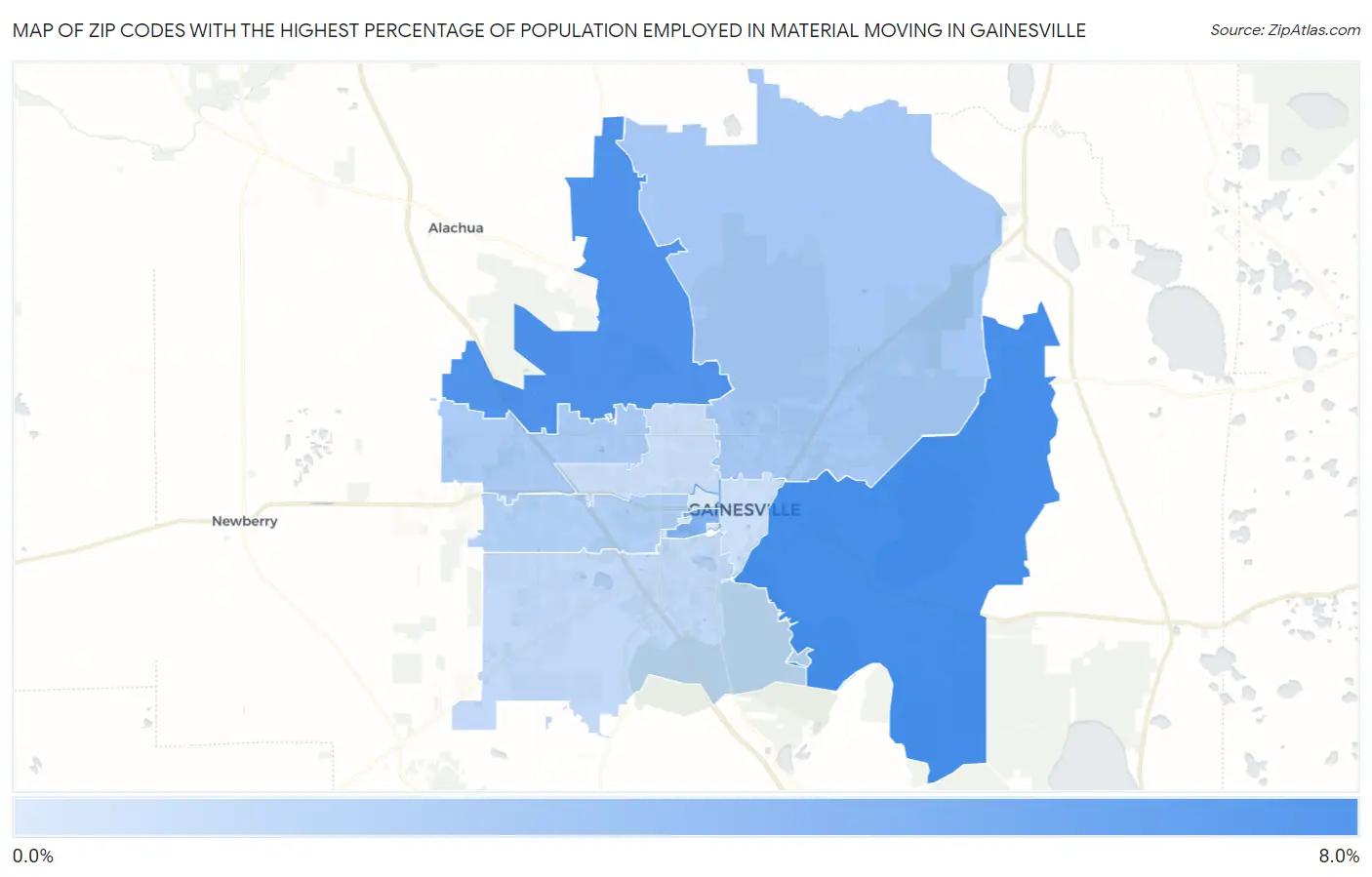Zip Codes with the Highest Percentage of Population Employed in Material Moving in Gainesville Map