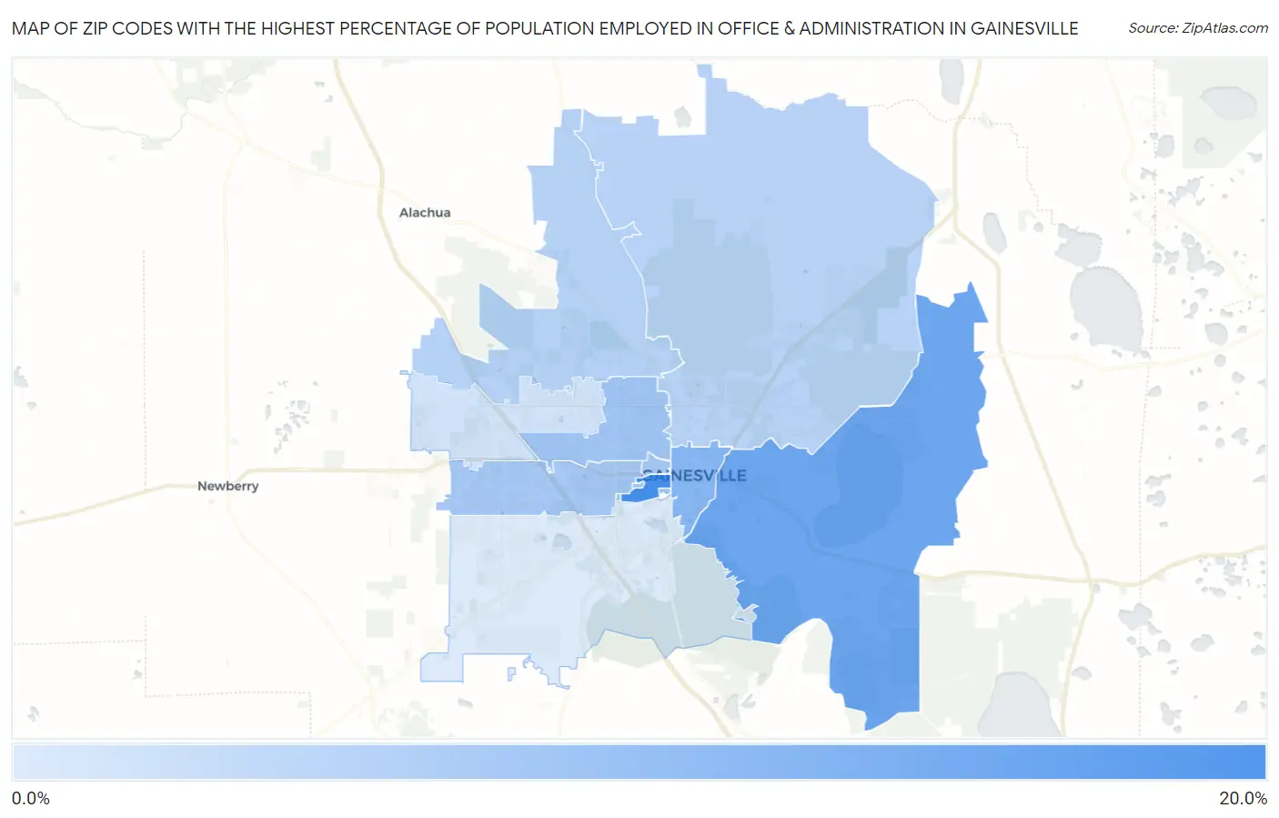 Zip Codes with the Highest Percentage of Population Employed in Office & Administration in Gainesville Map