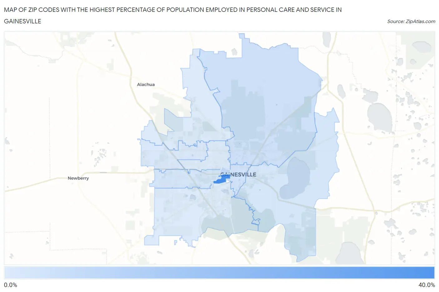Zip Codes with the Highest Percentage of Population Employed in Personal Care and Service in Gainesville Map