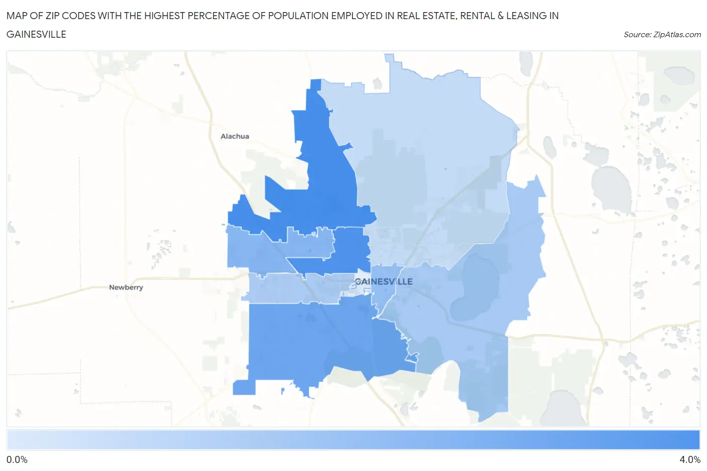 Zip Codes with the Highest Percentage of Population Employed in Real Estate, Rental & Leasing in Gainesville Map