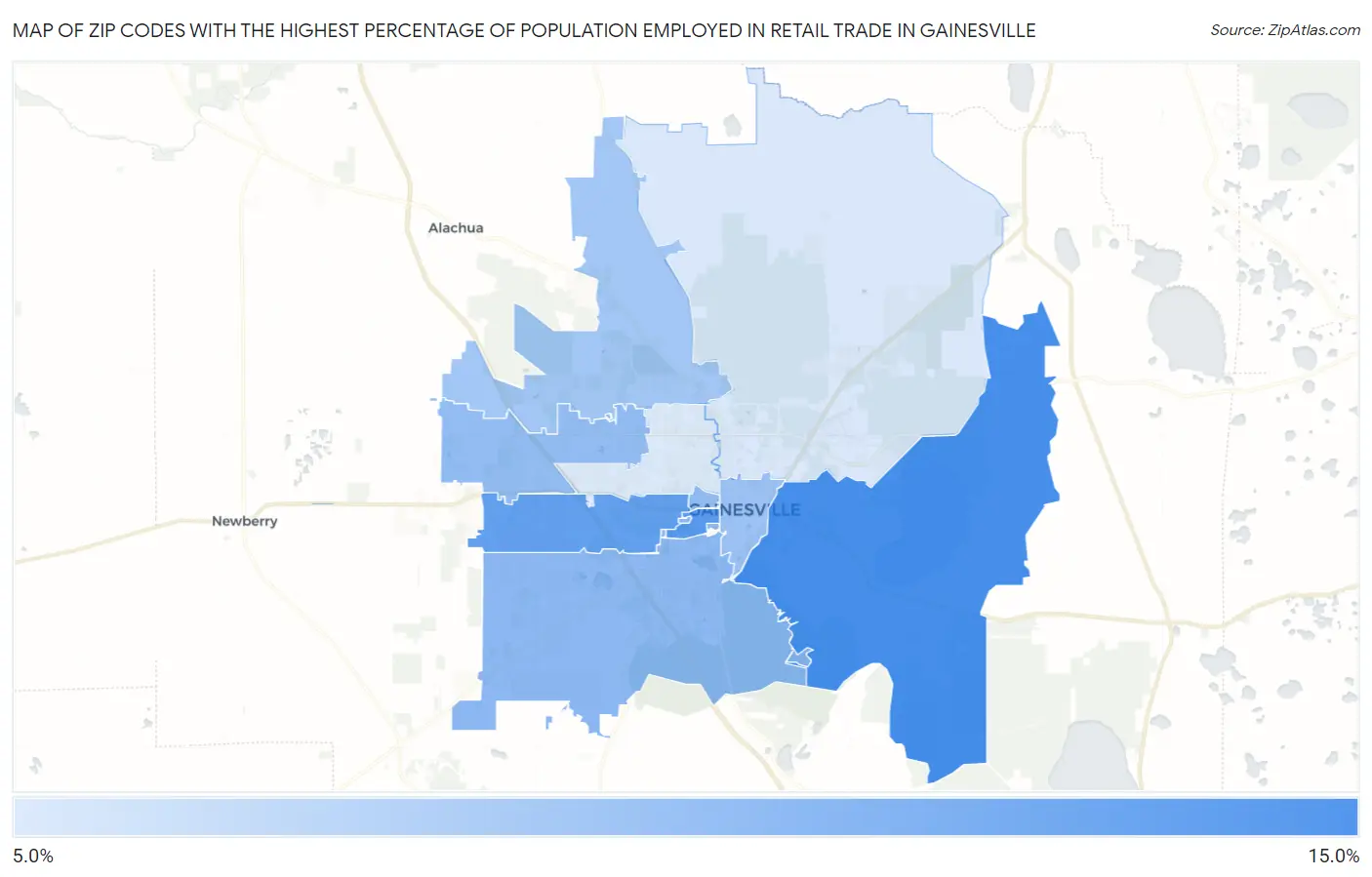 Zip Codes with the Highest Percentage of Population Employed in Retail Trade in Gainesville Map